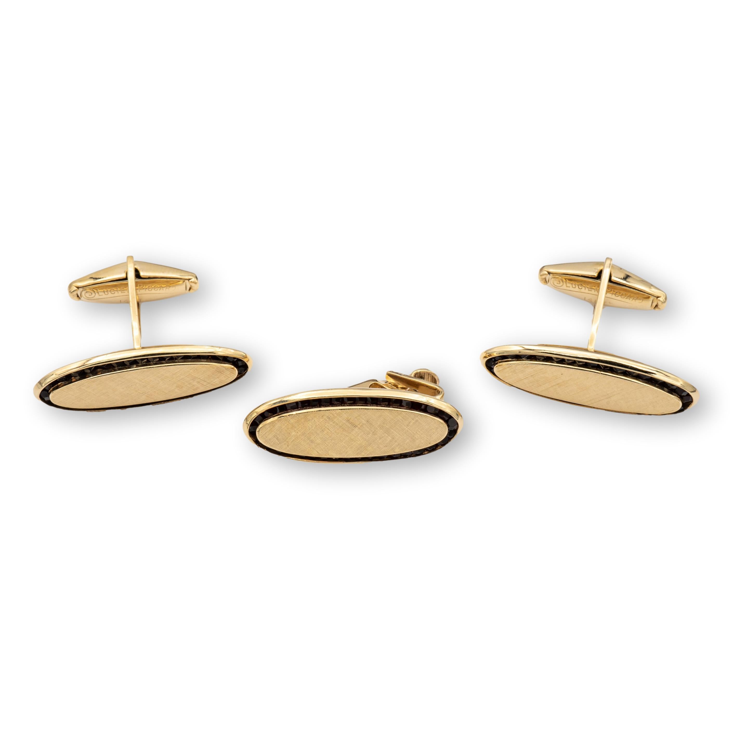 Retro Vintage Lucien Piccard Men's 14K Yellow Gold Garnet Cufflinks and Tie Clip Set
