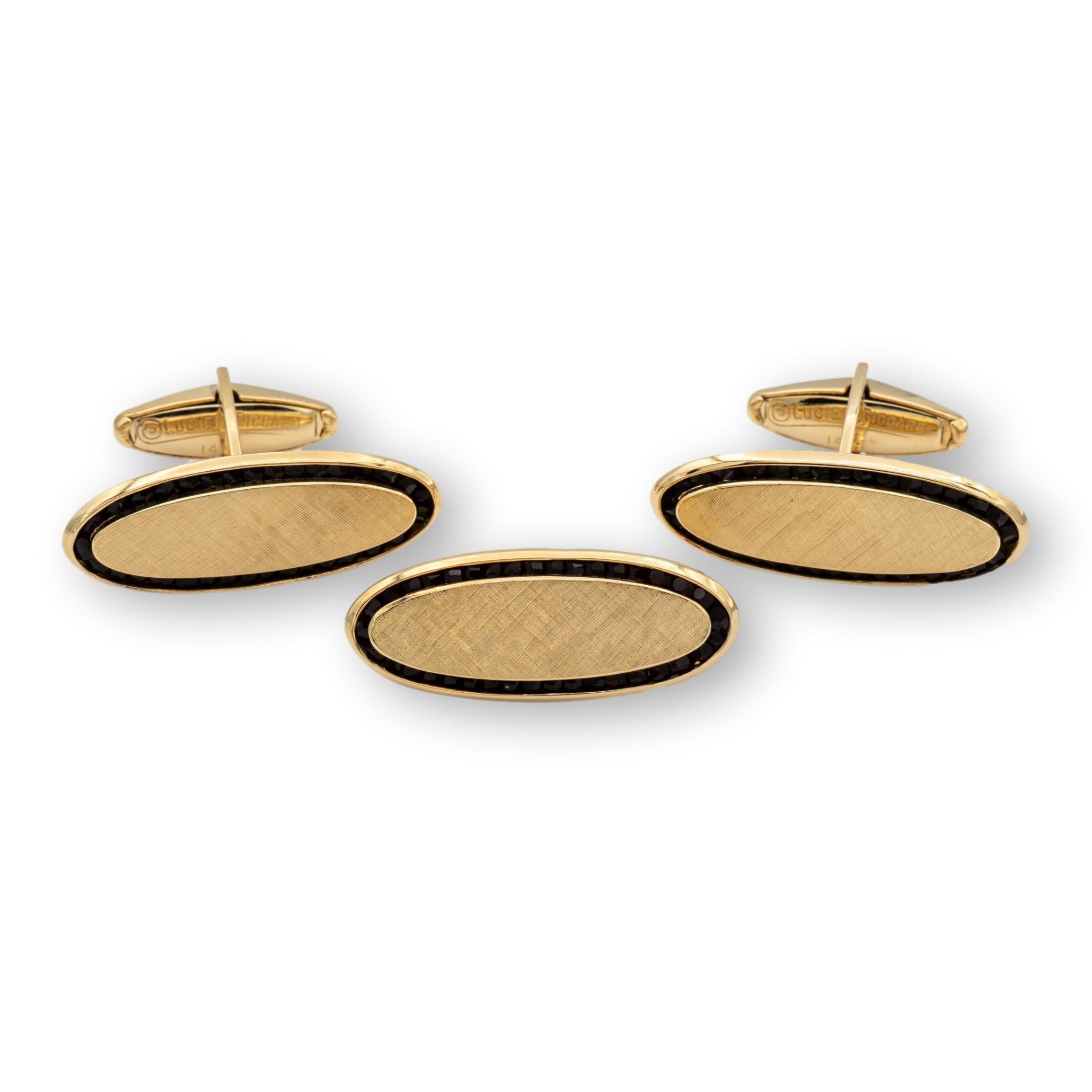 Square Cut Vintage Lucien Piccard Men's 14K Yellow Gold Garnet Cufflinks and Tie Clip Set