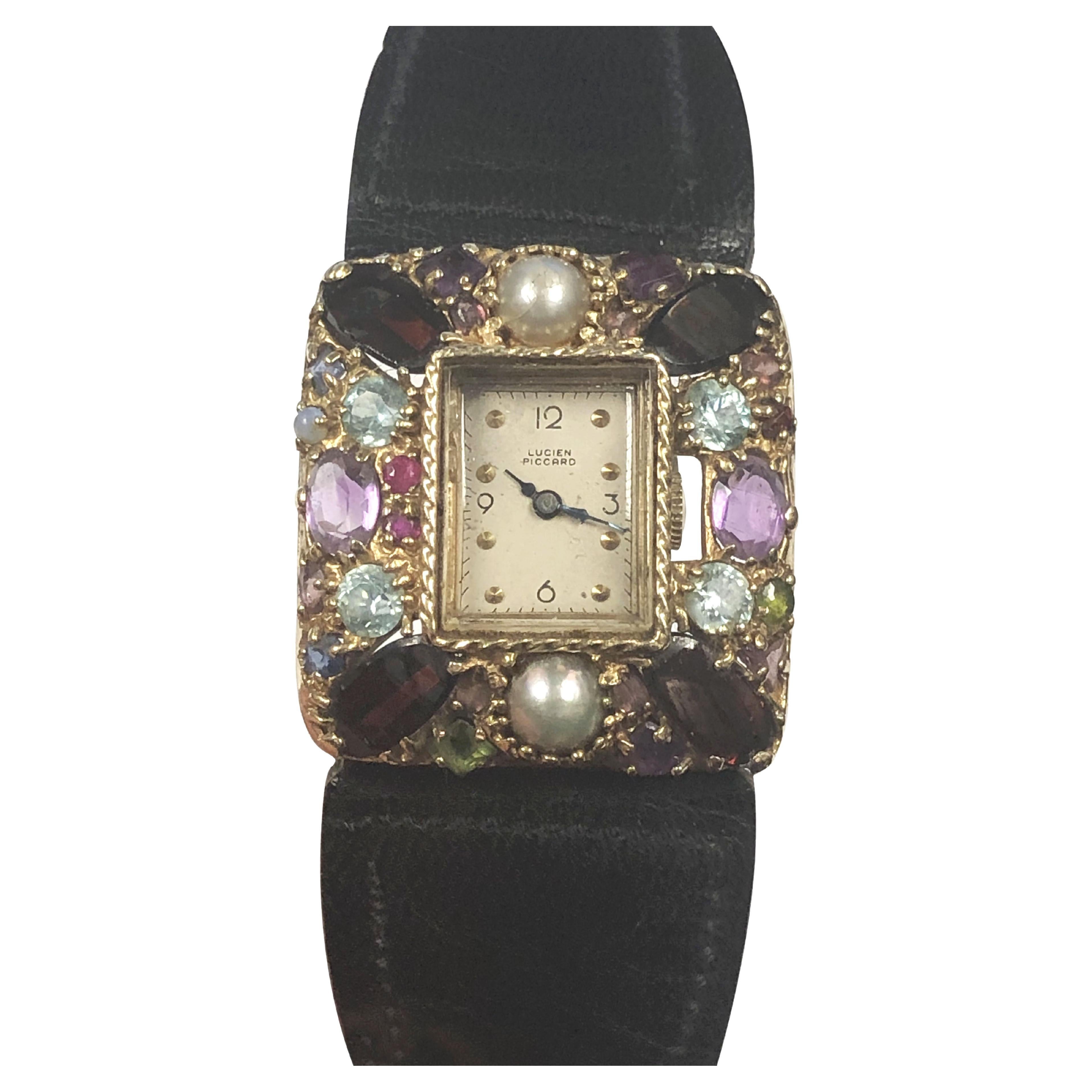 Vintage Lucien Piccard Tutti Frutti Gold and Gem set wrist watch