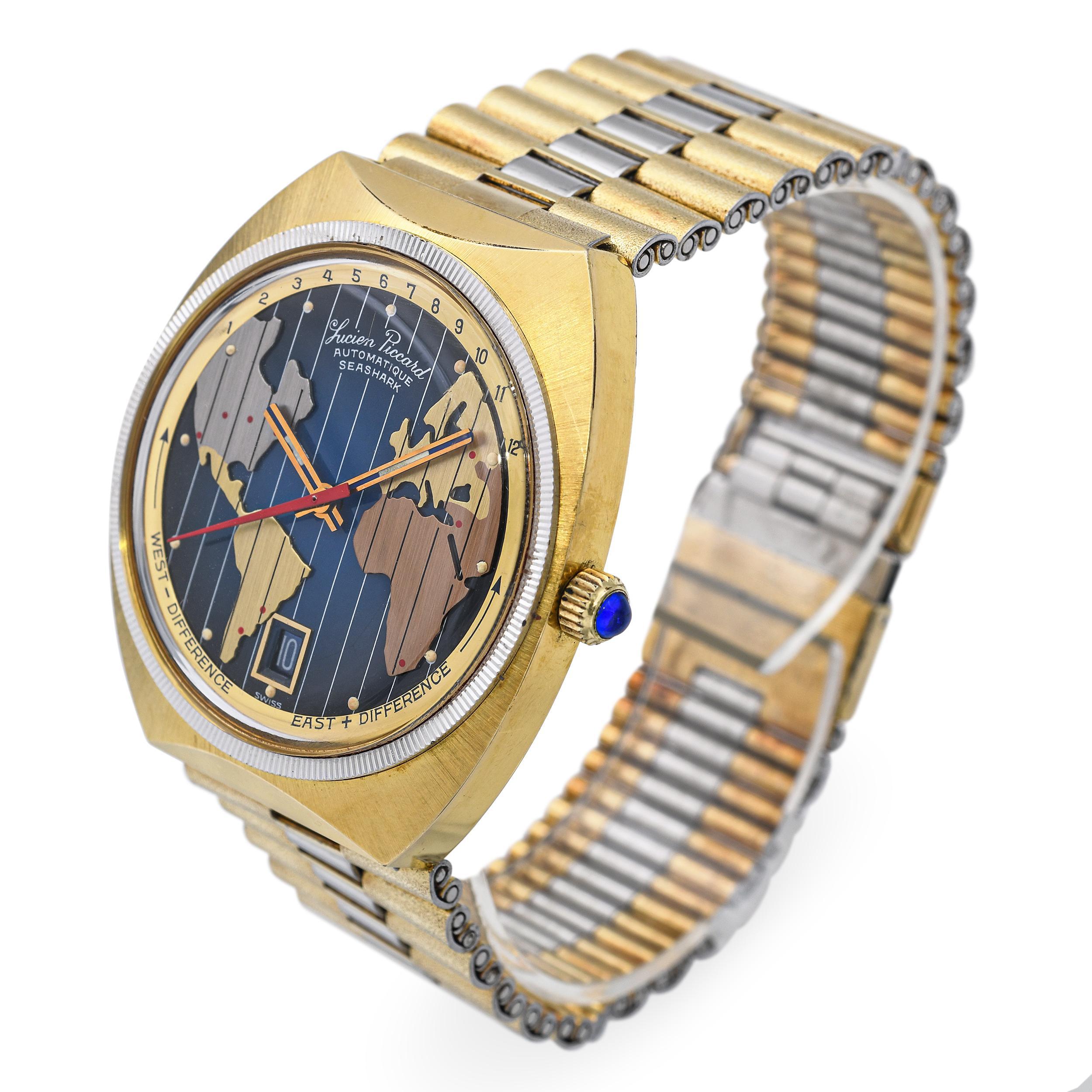 Con una audaz fusión de funcionalidad y arte, este reloj vintage Lucien Piccard Seashark World Time para hombre es una pieza cautivadora para el viajero global. Destaca su vibrante esfera con forma de mapa, que representa un estilizado mapamundi en