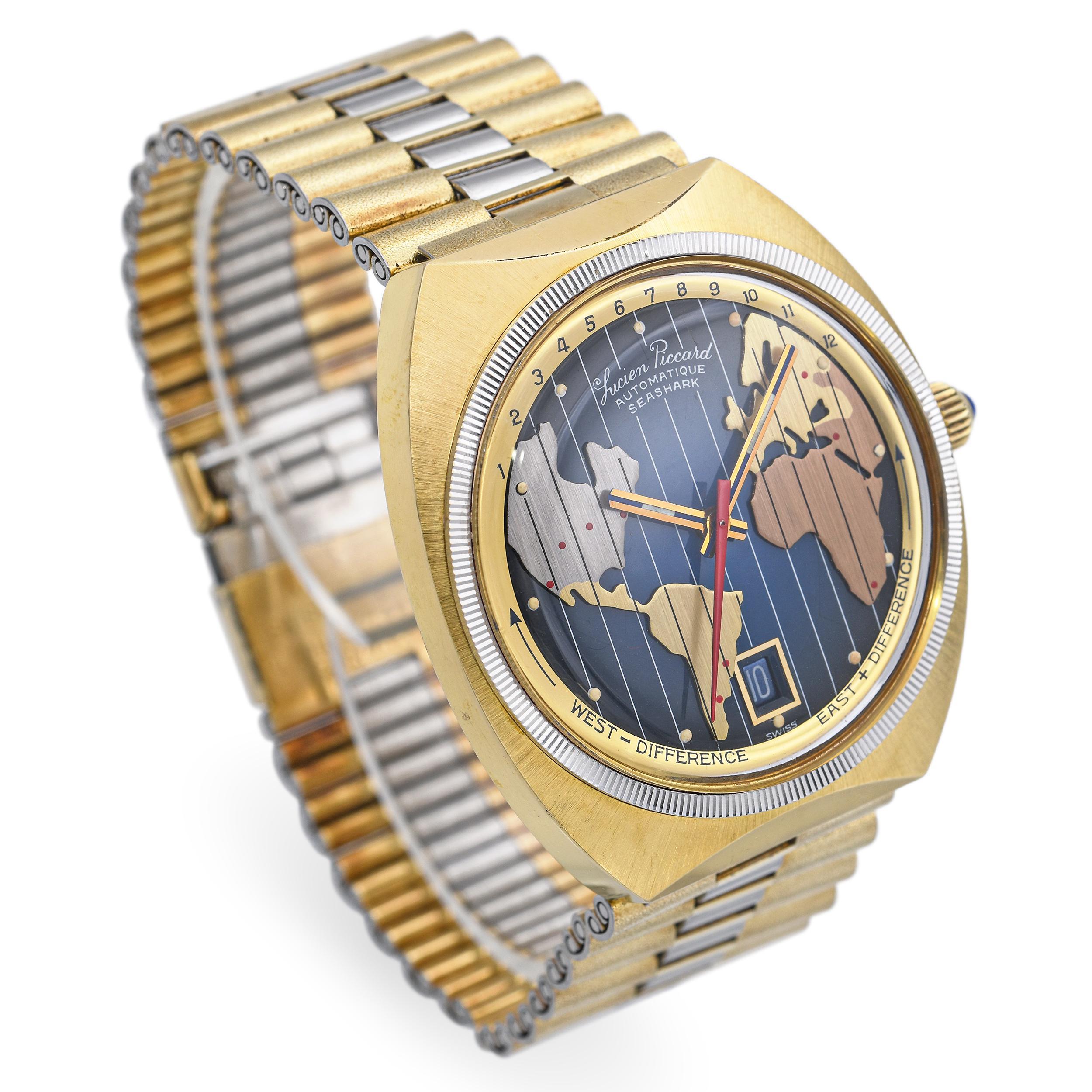 Reloj automático de hombre Vintage Lucien Piccard World Time Map Seashark en Bueno estado para la venta en New York, NY