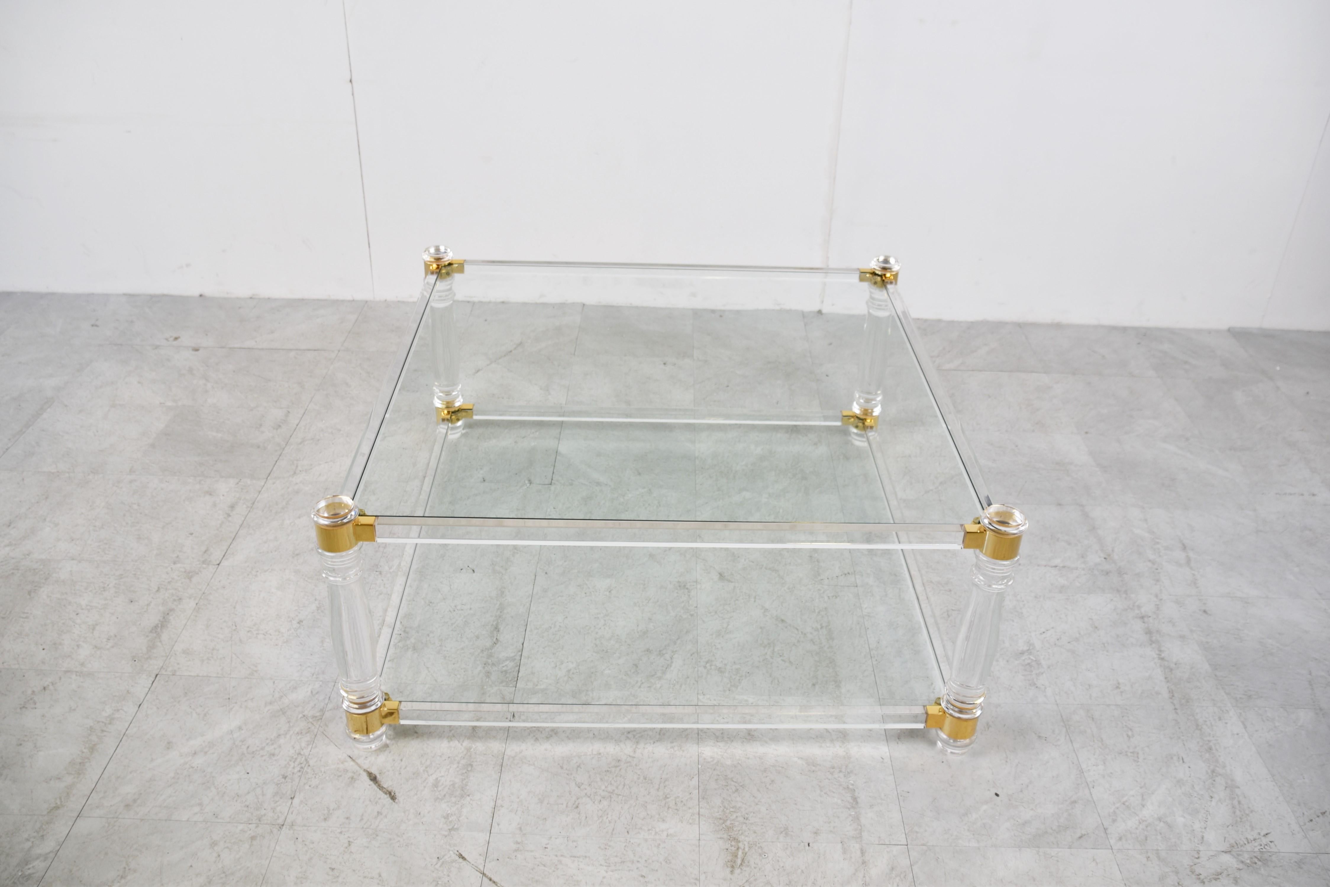 Hollywood Regency Vintage Lucite and Brass Coffee Table, 1970s
