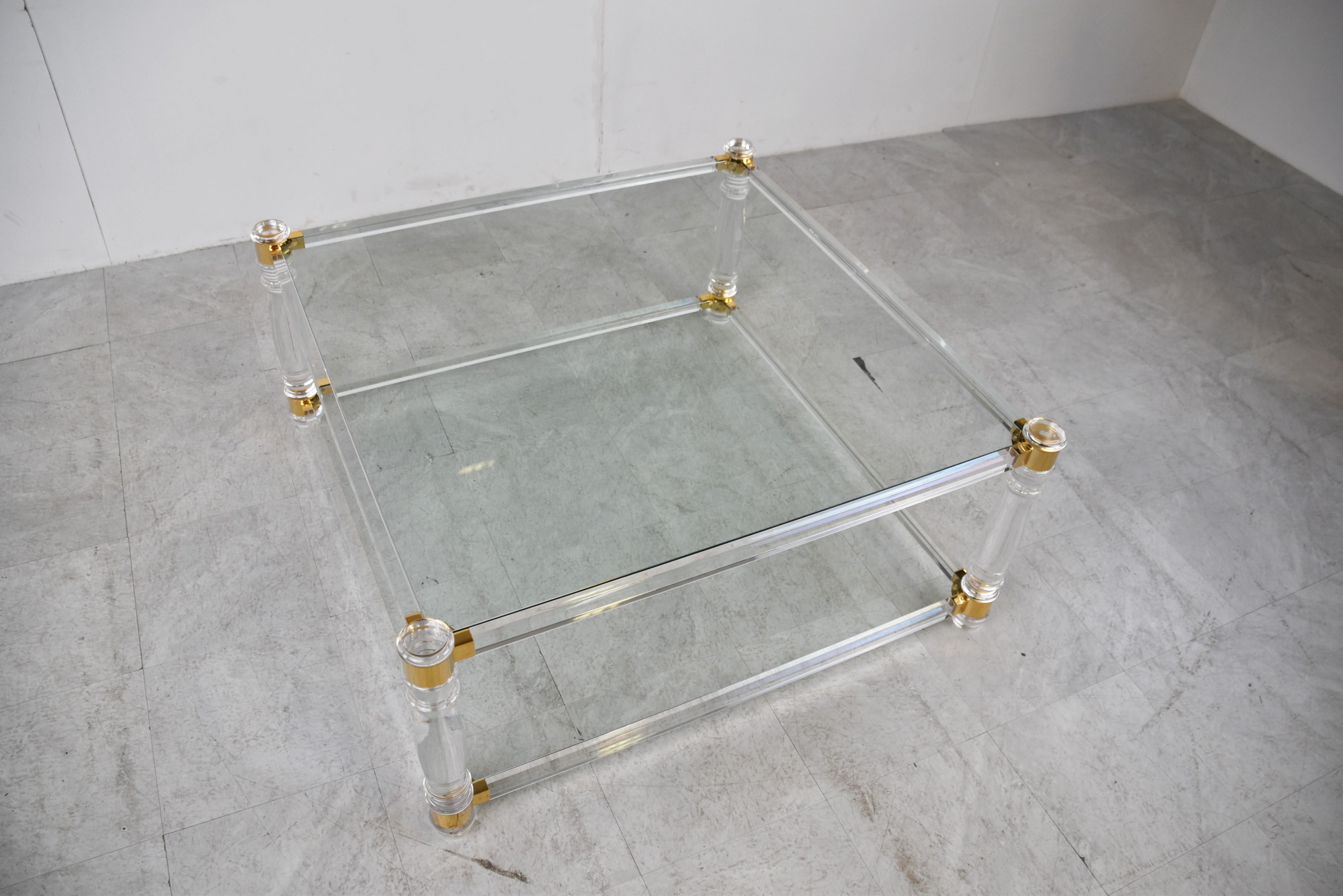 Belgian Vintage Lucite and Brass Coffee Table, 1970s