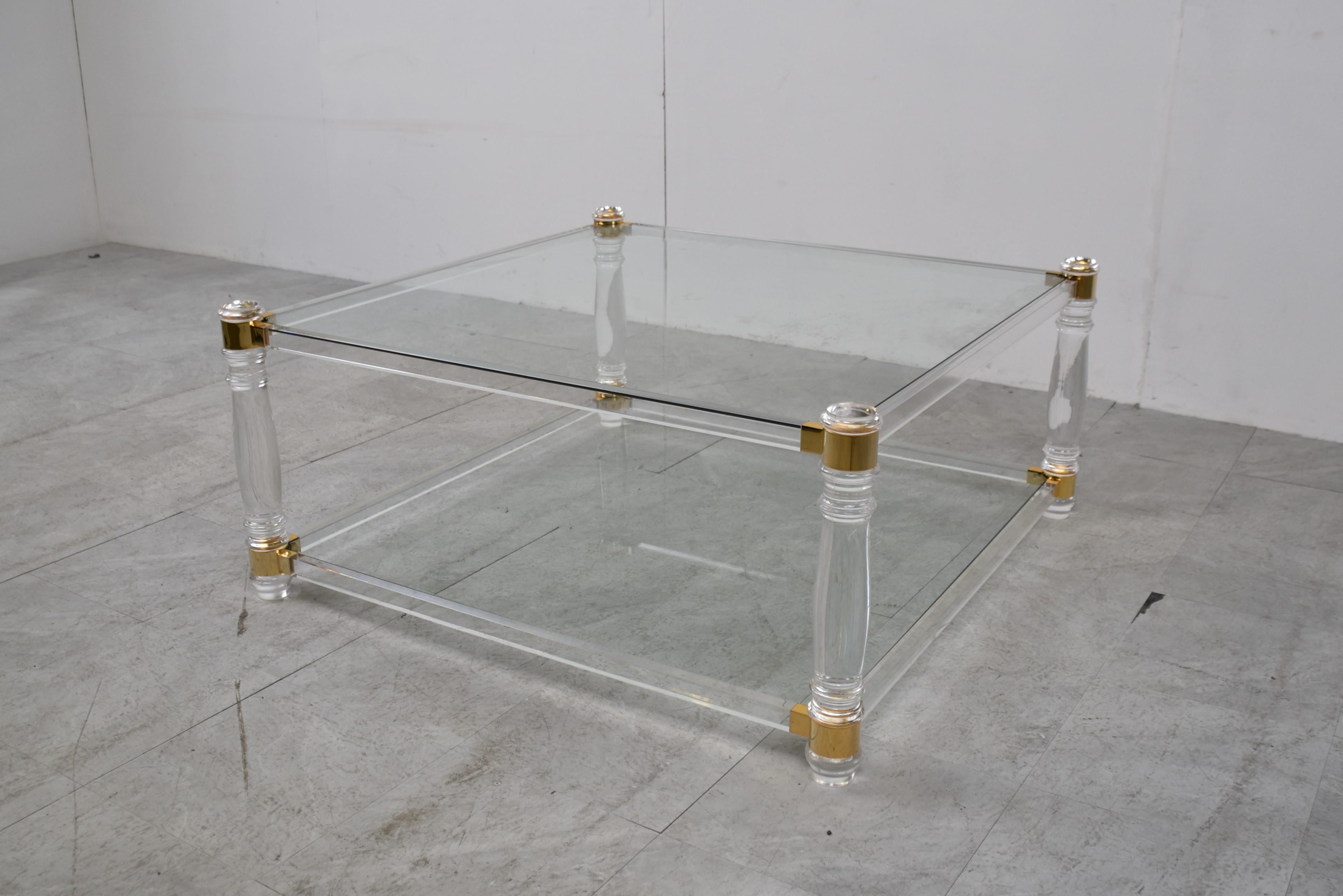 Vintage Lucite and Brass Coffee Table, 1970s In Good Condition In HEVERLEE, BE