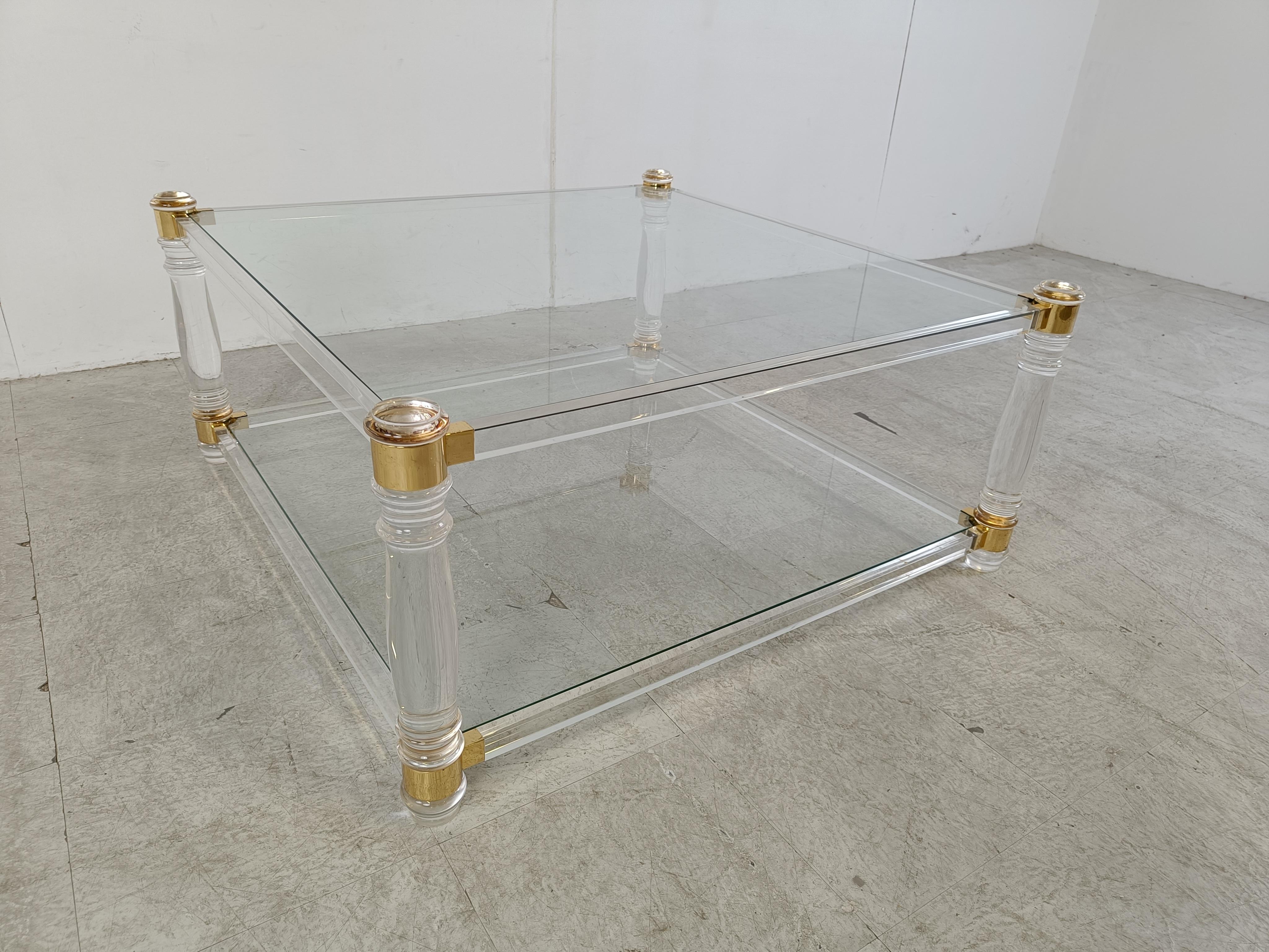 Vintage lucite  and brass coffee table, 1970s 1