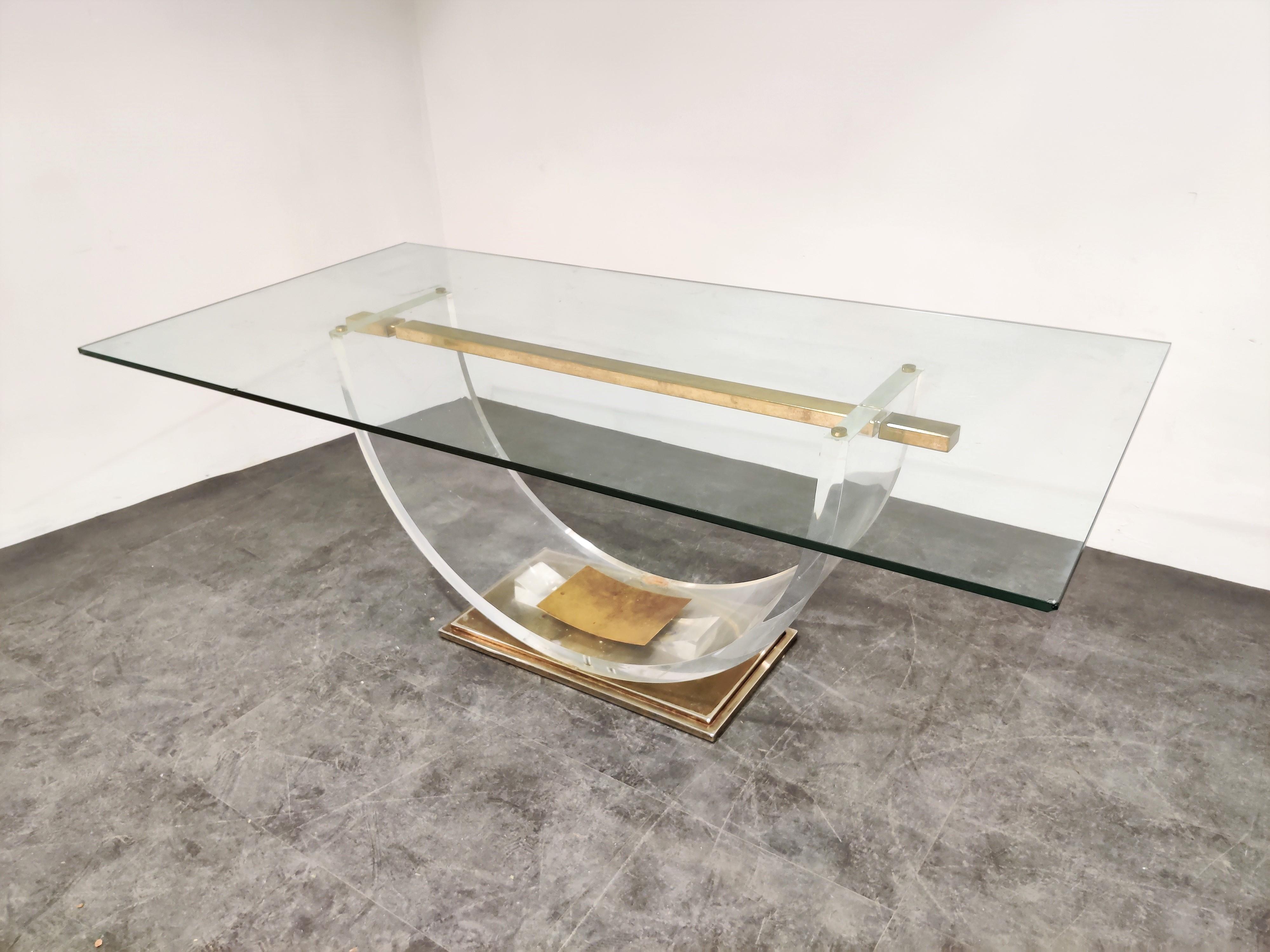 Hollywood Regency Vintage Lucite and Brass Dining Table, 1970s
