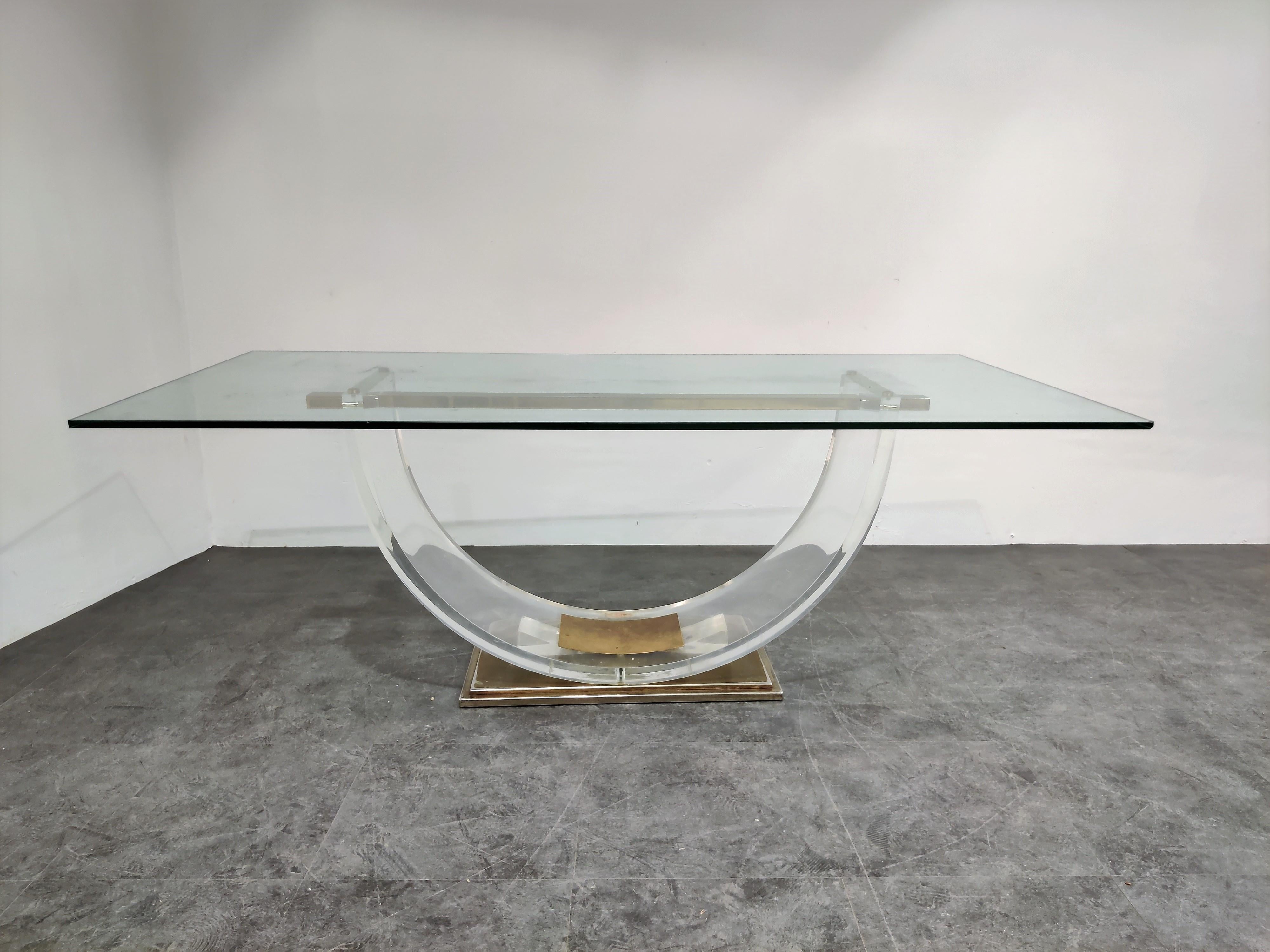 Vintage Lucite and Brass Dining Table, 1970s In Good Condition In HEVERLEE, BE