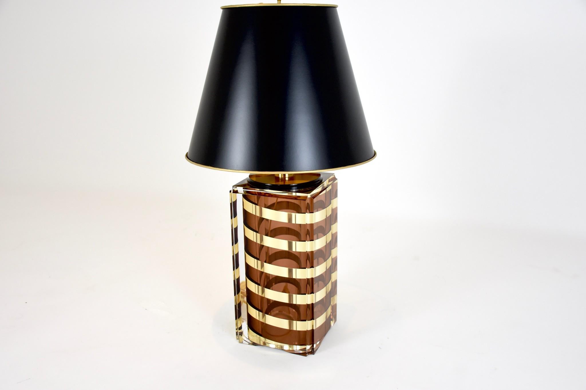Vintage Lucite and Brass Lamp with Black Paper Shade 1