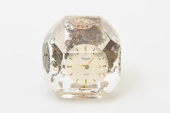 Vintage Lucite and Brass Metal Embedded Watch Part Cube Sculpture or Paperweight