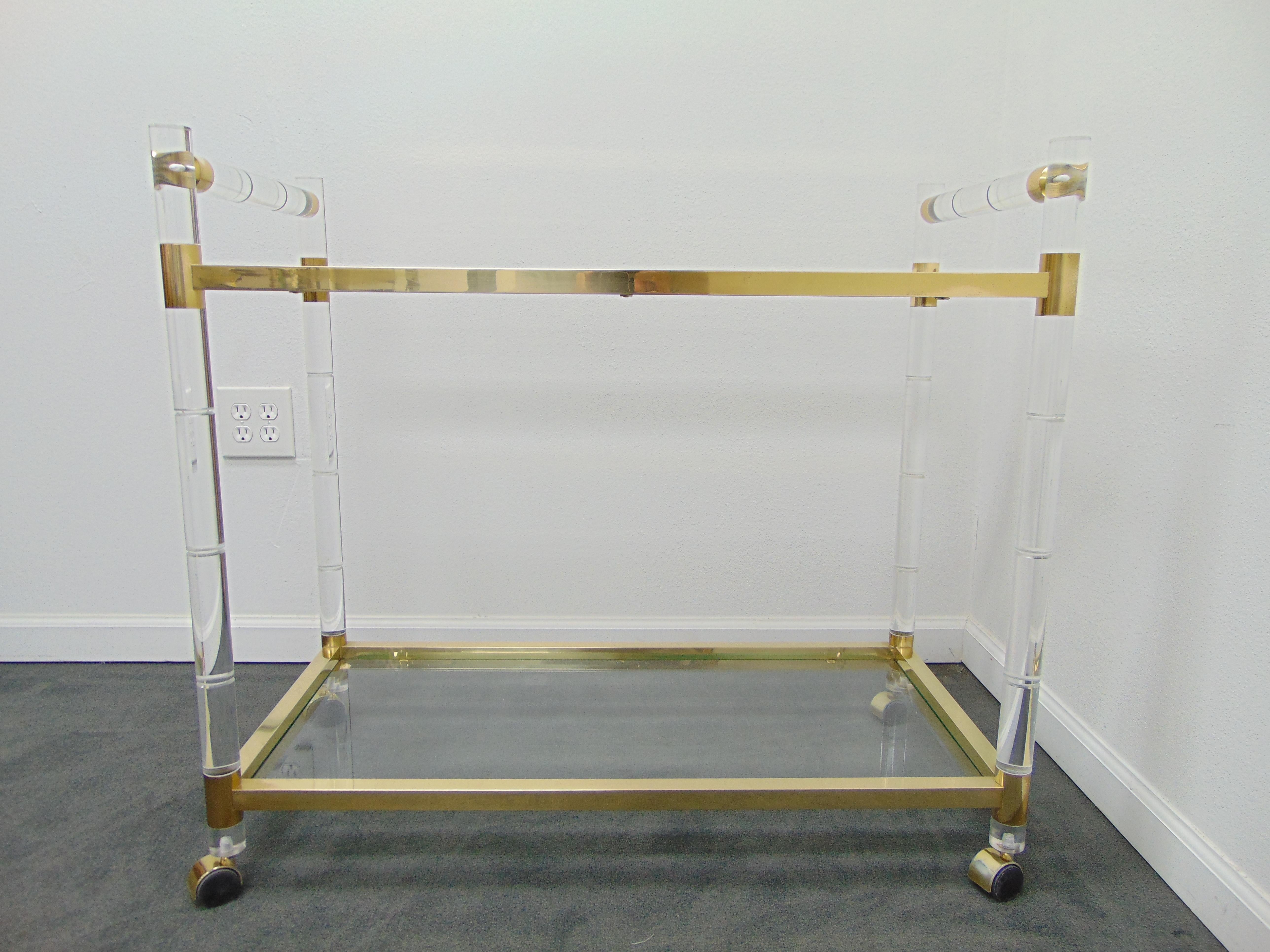 Vintage Lucite and Brass Rolling Bar Cart by Charles Hollis Jones 1