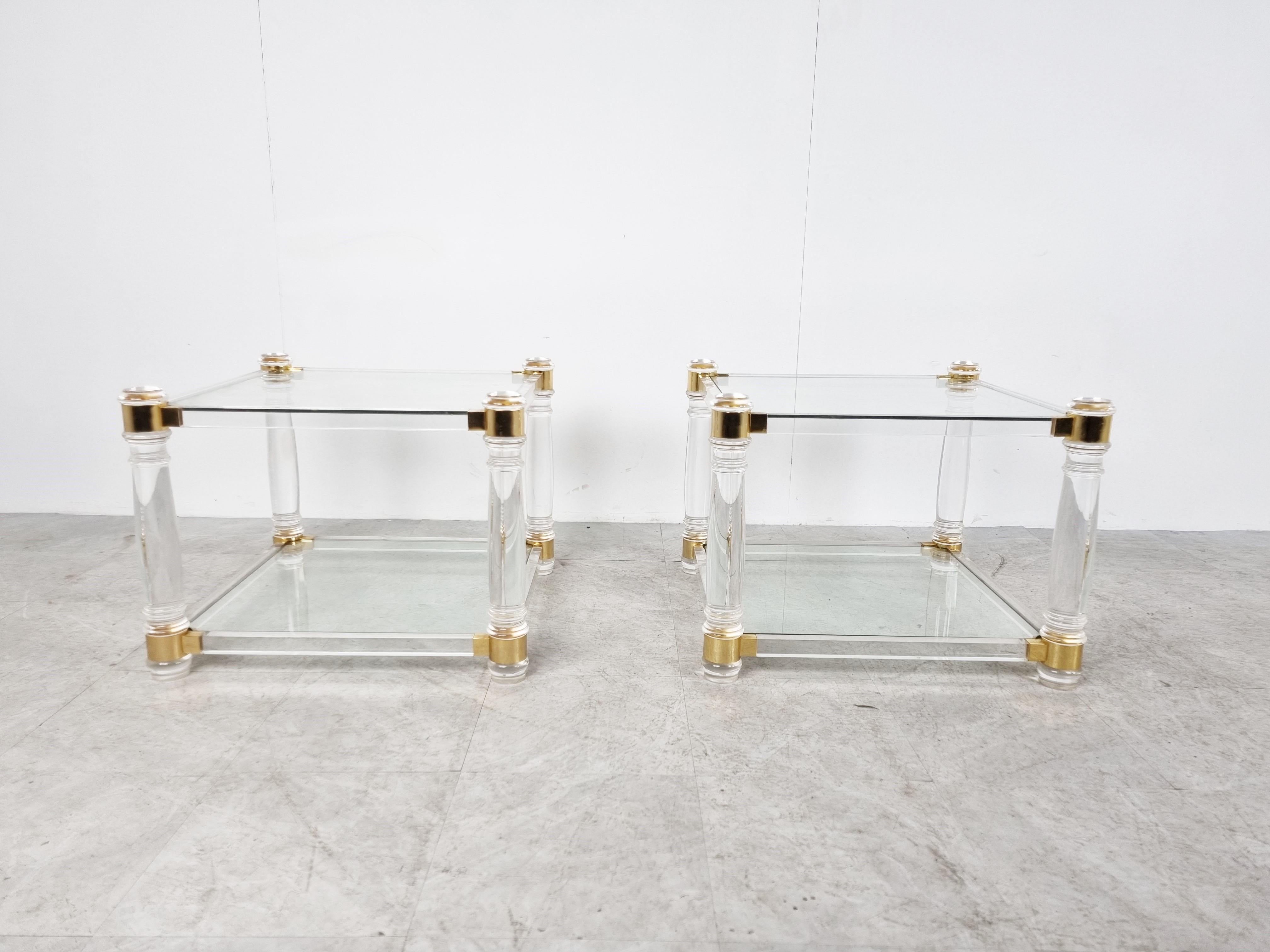 Hollywood Regency Vintage Lucite and Brass Side Tables, 1970s