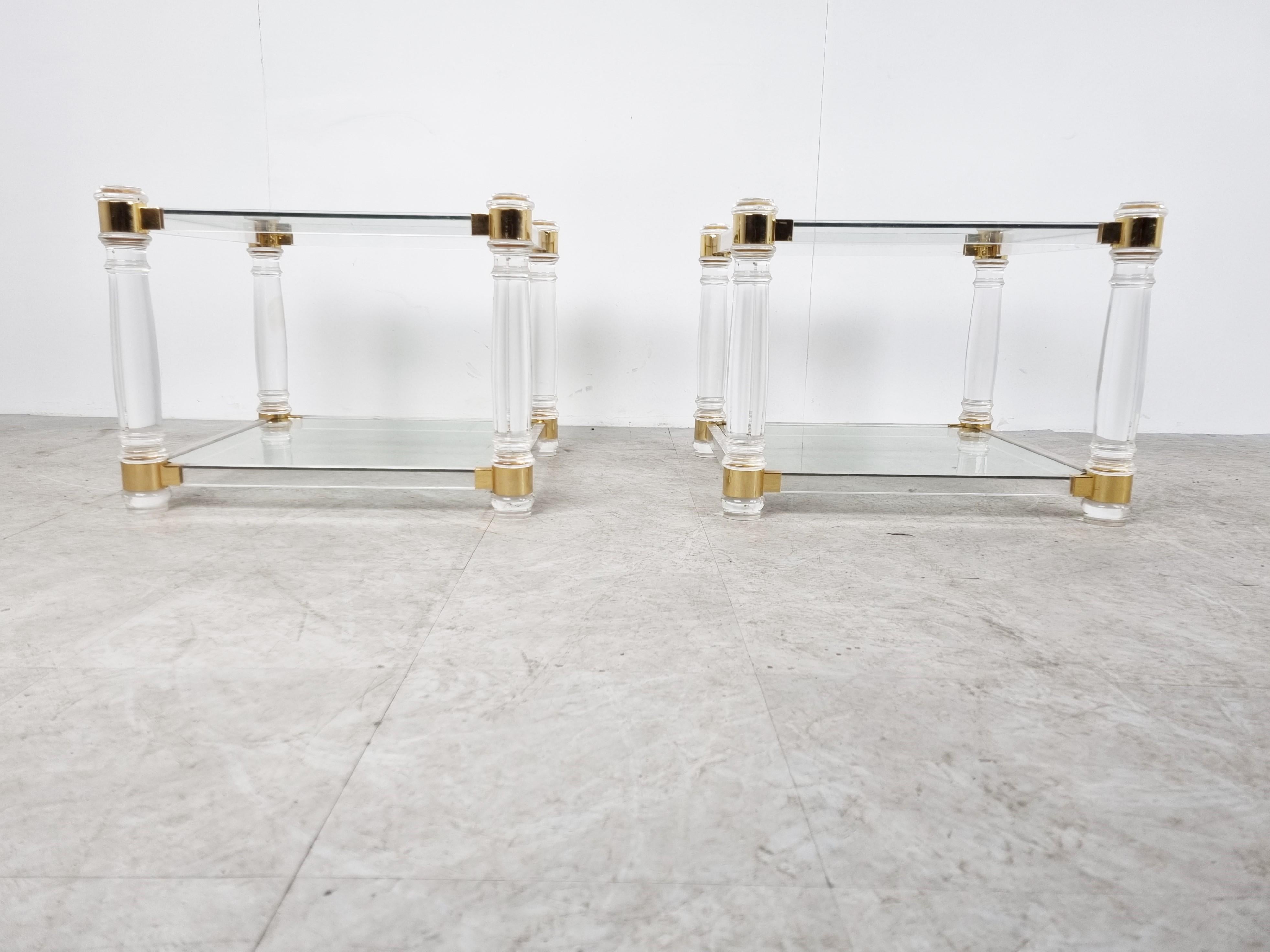 Belgian Vintage Lucite and Brass Side Tables, 1970s