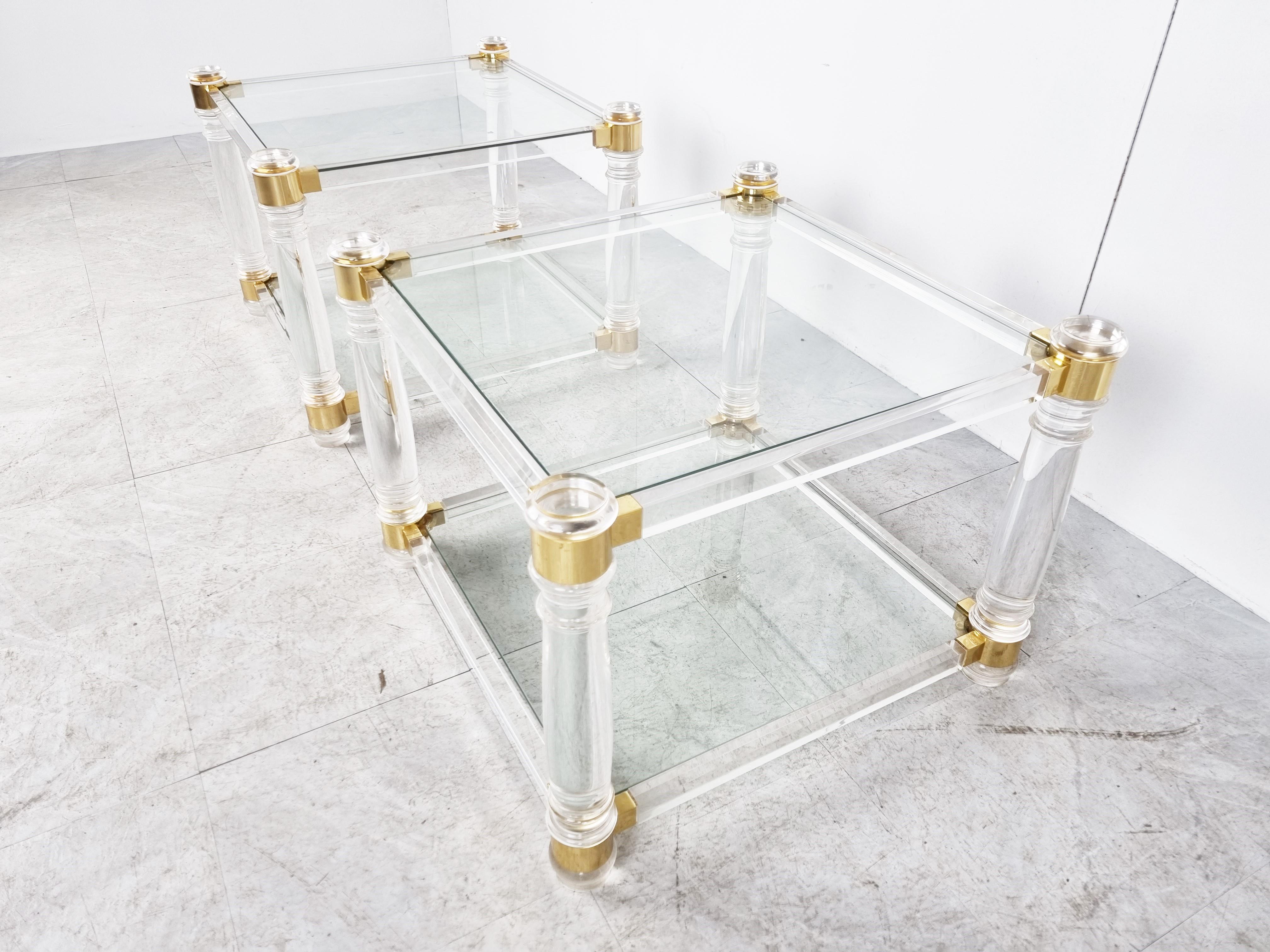 Late 20th Century Vintage Lucite and Brass Side Tables, 1970s