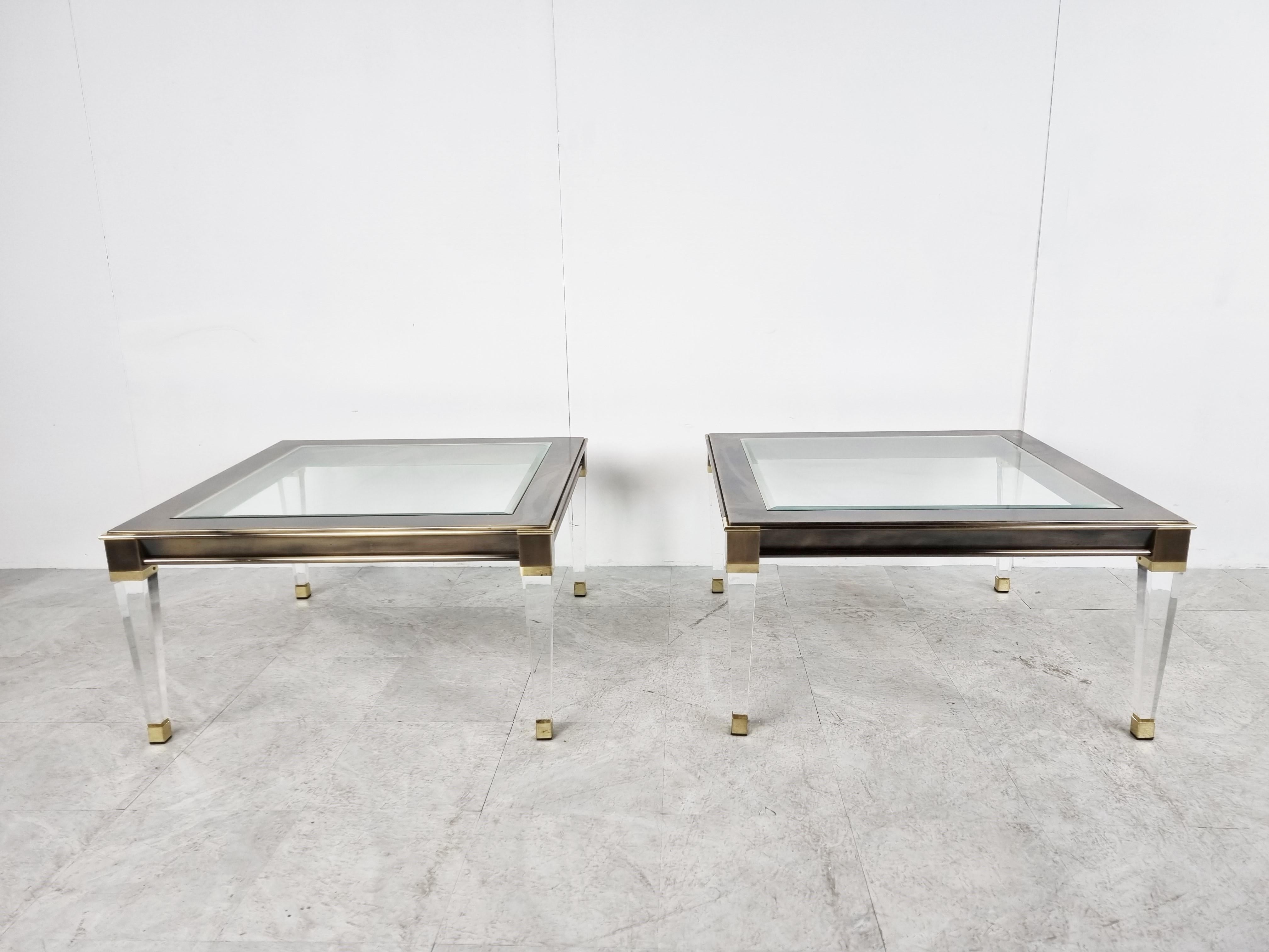 Hollywood Regency Vintage Lucite and Brass Side Tables, 1980s For Sale