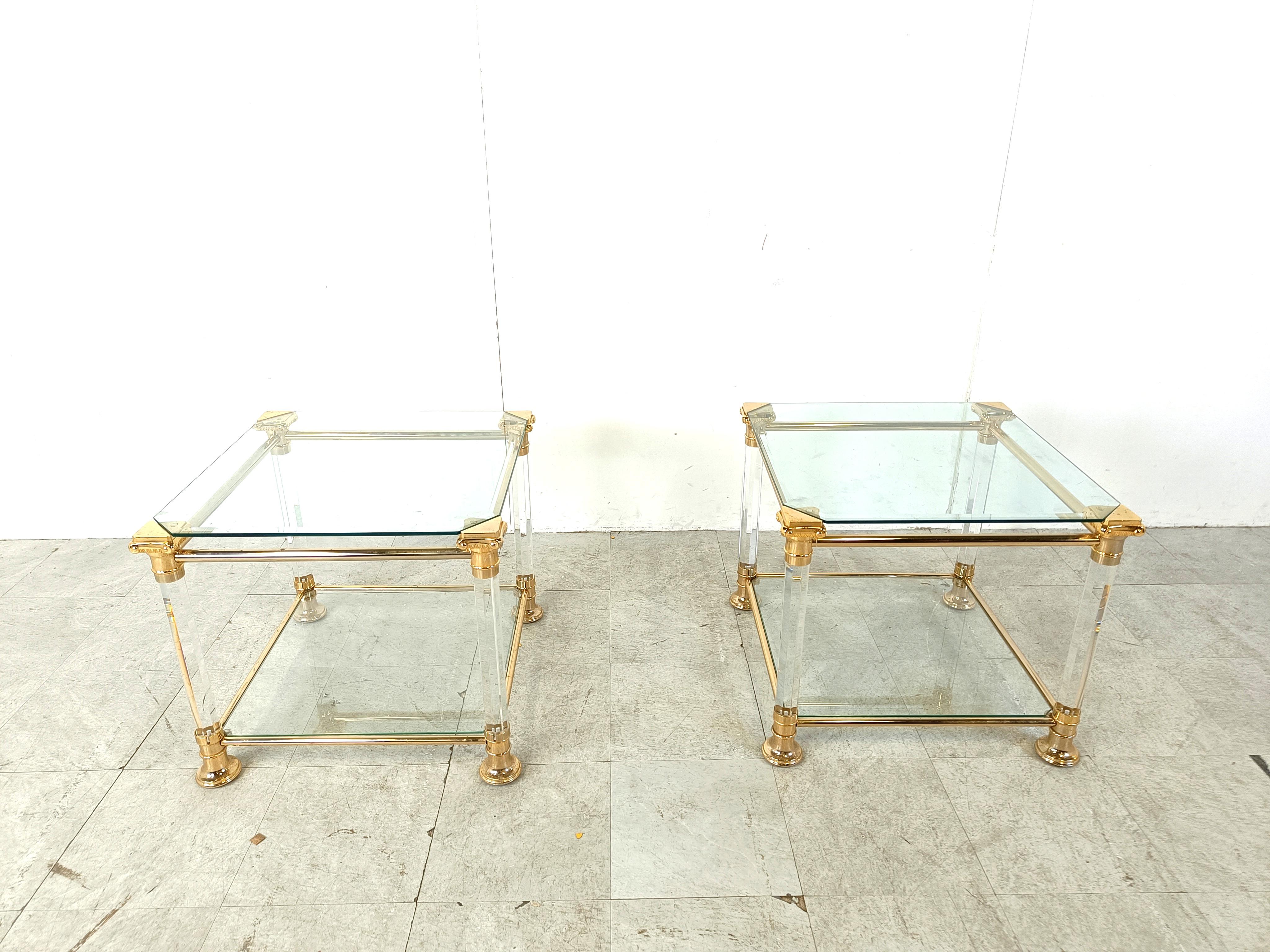 Hollywood Regency Vintage lucite and brass side tables, 1980s For Sale