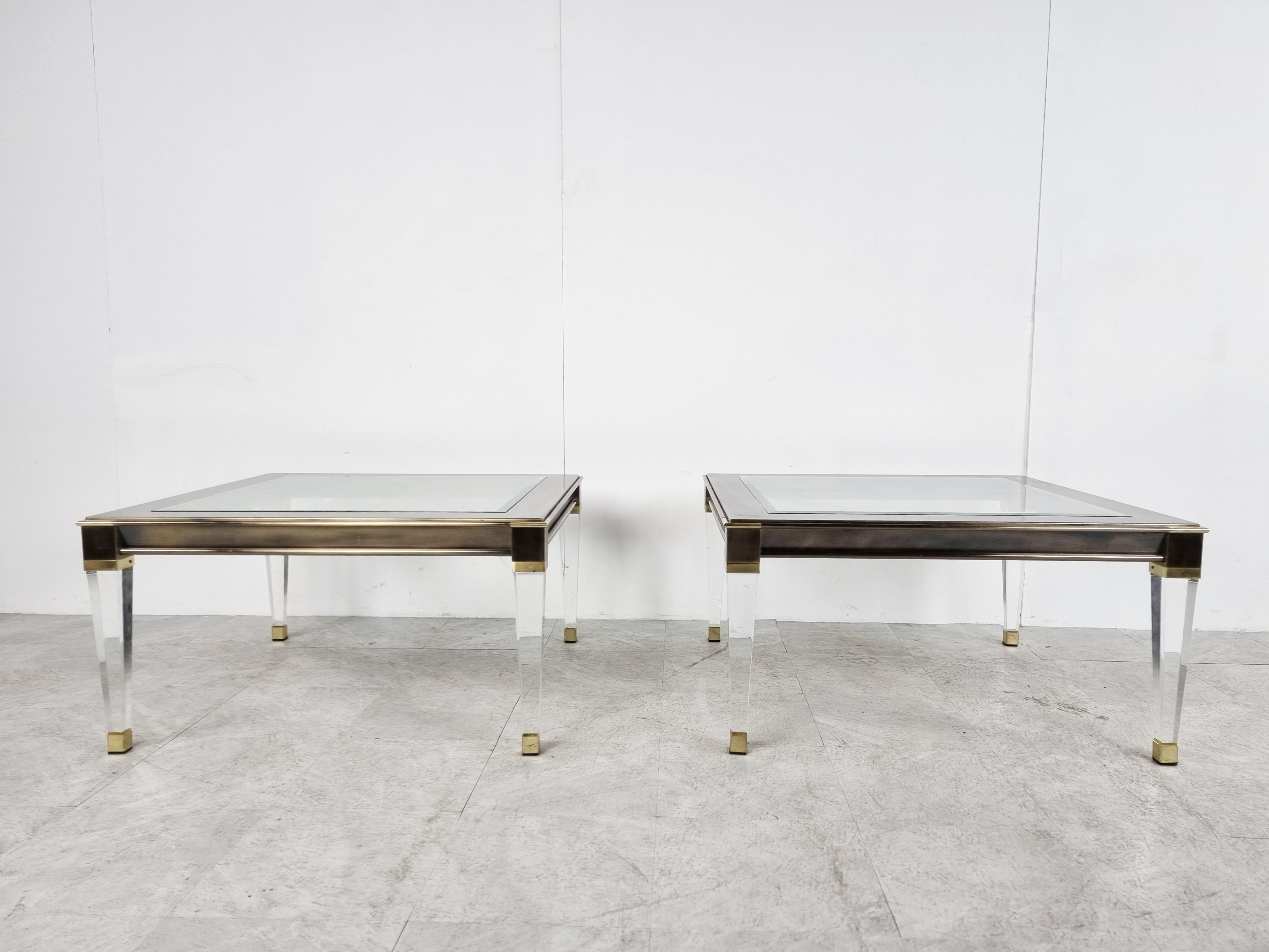 Belgian Vintage Lucite and Brass Side Tables, 1980s For Sale