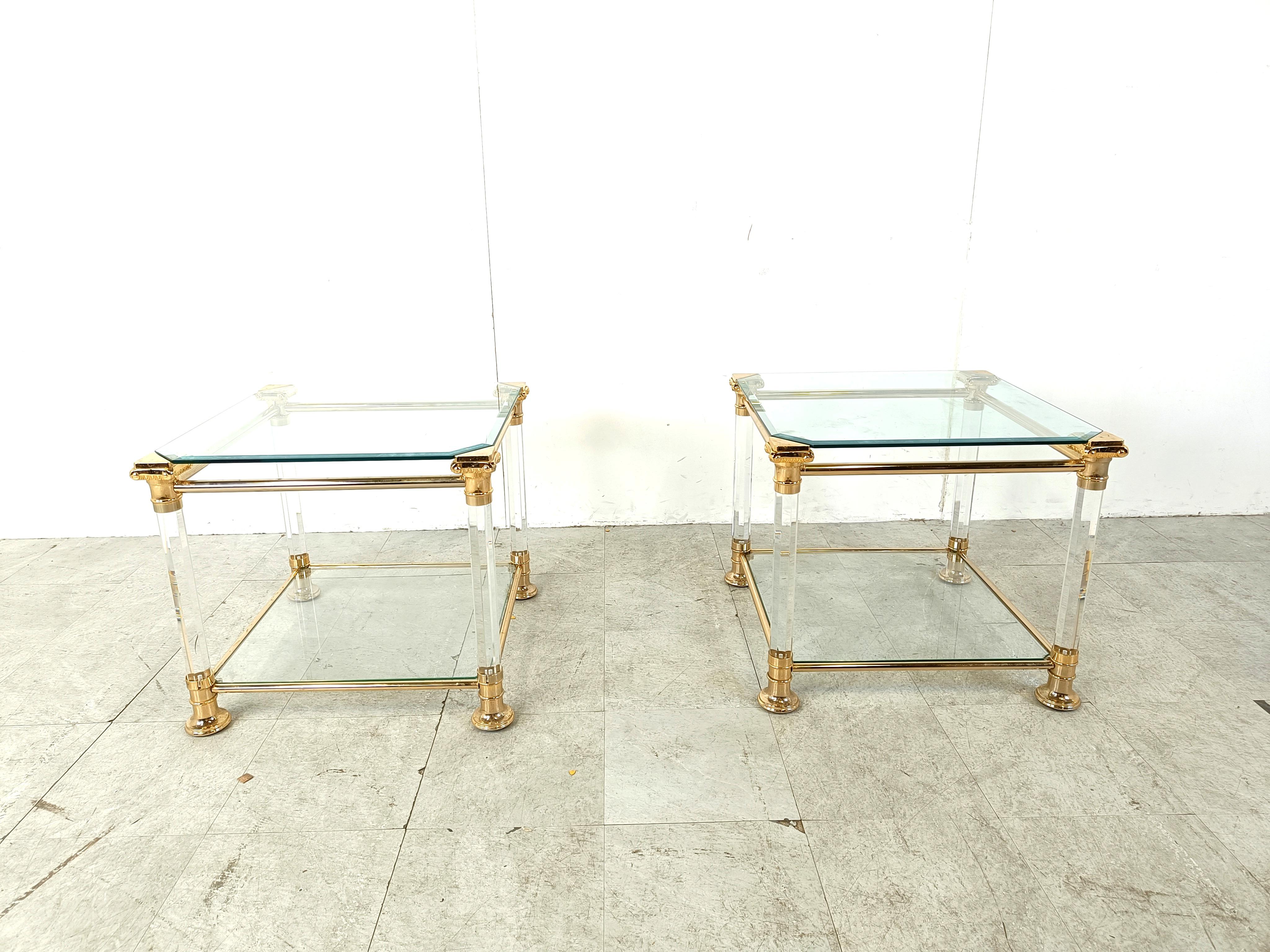 Belgian Vintage lucite and brass side tables, 1980s For Sale