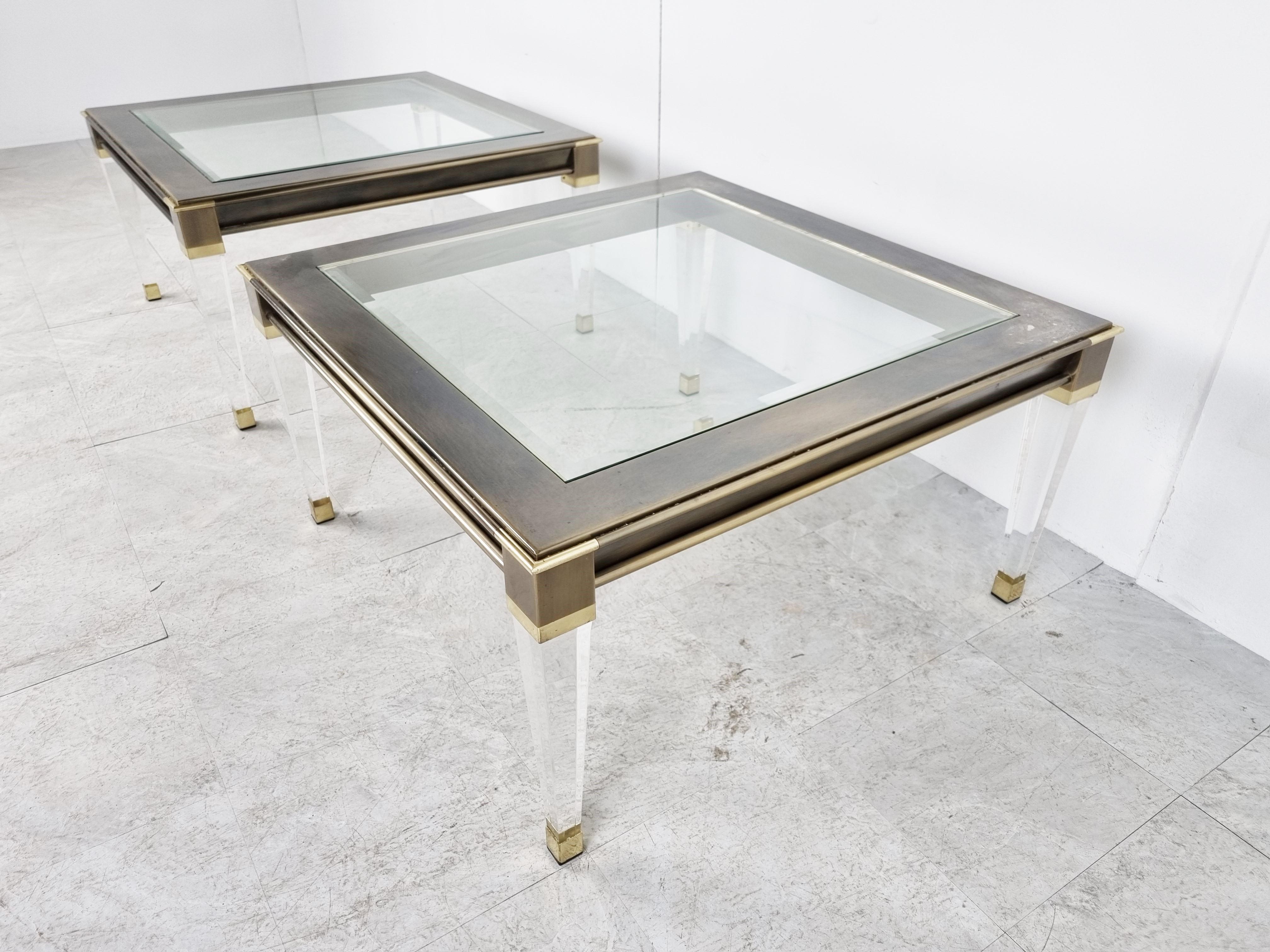 Late 20th Century Vintage Lucite and Brass Side Tables, 1980s For Sale