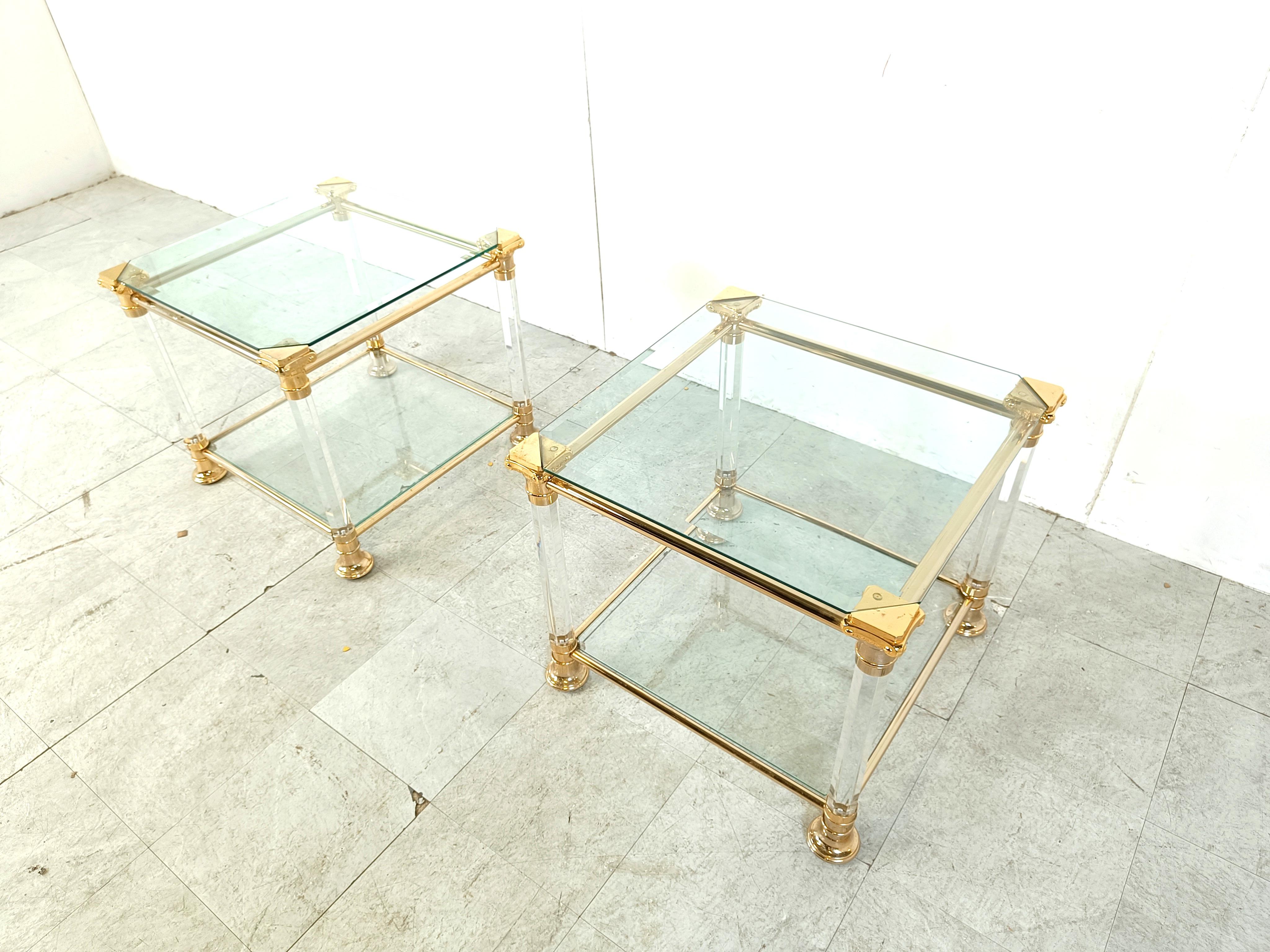 Late 20th Century Vintage lucite and brass side tables, 1980s For Sale