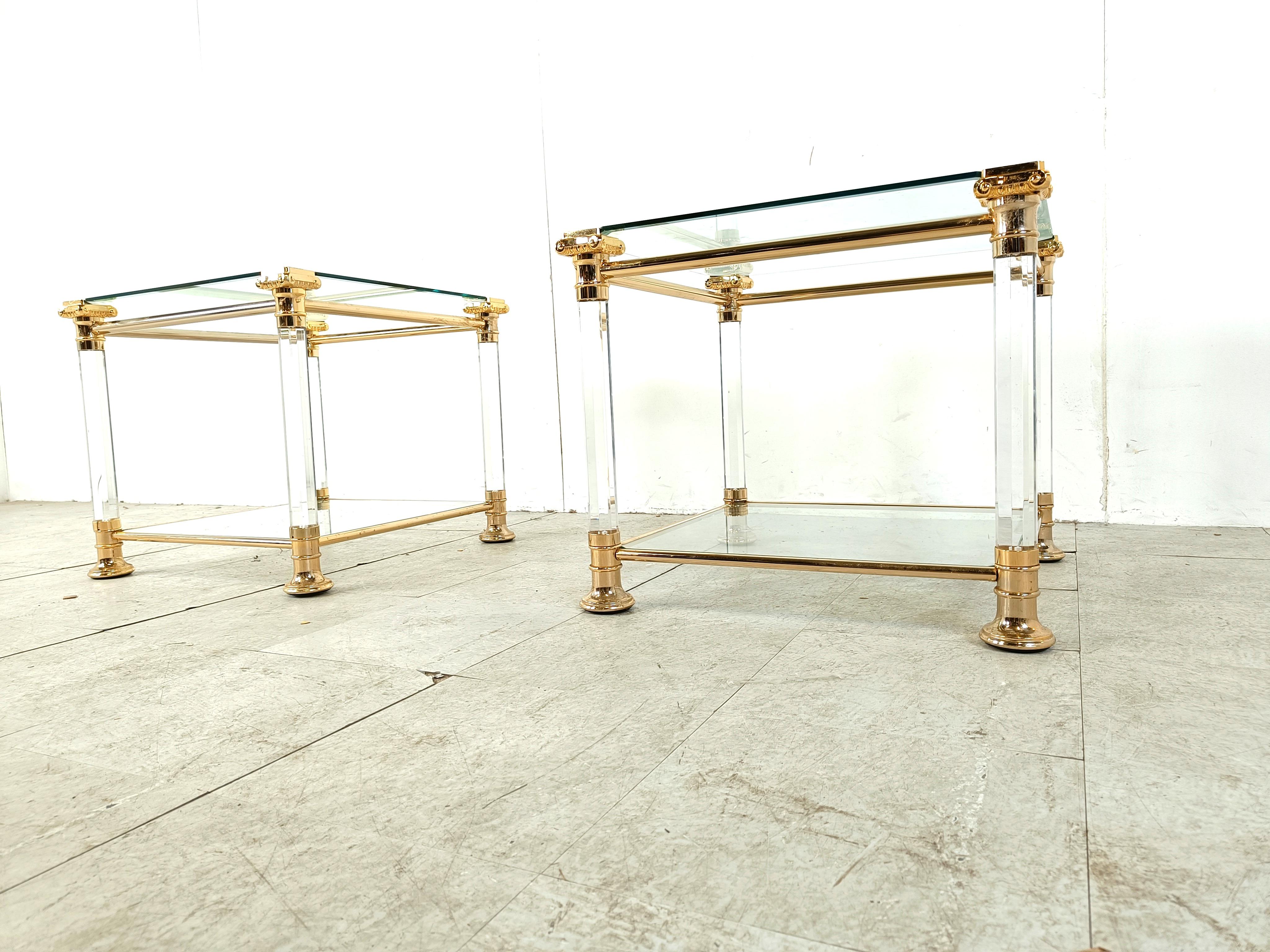Brass Vintage lucite and brass side tables, 1980s For Sale