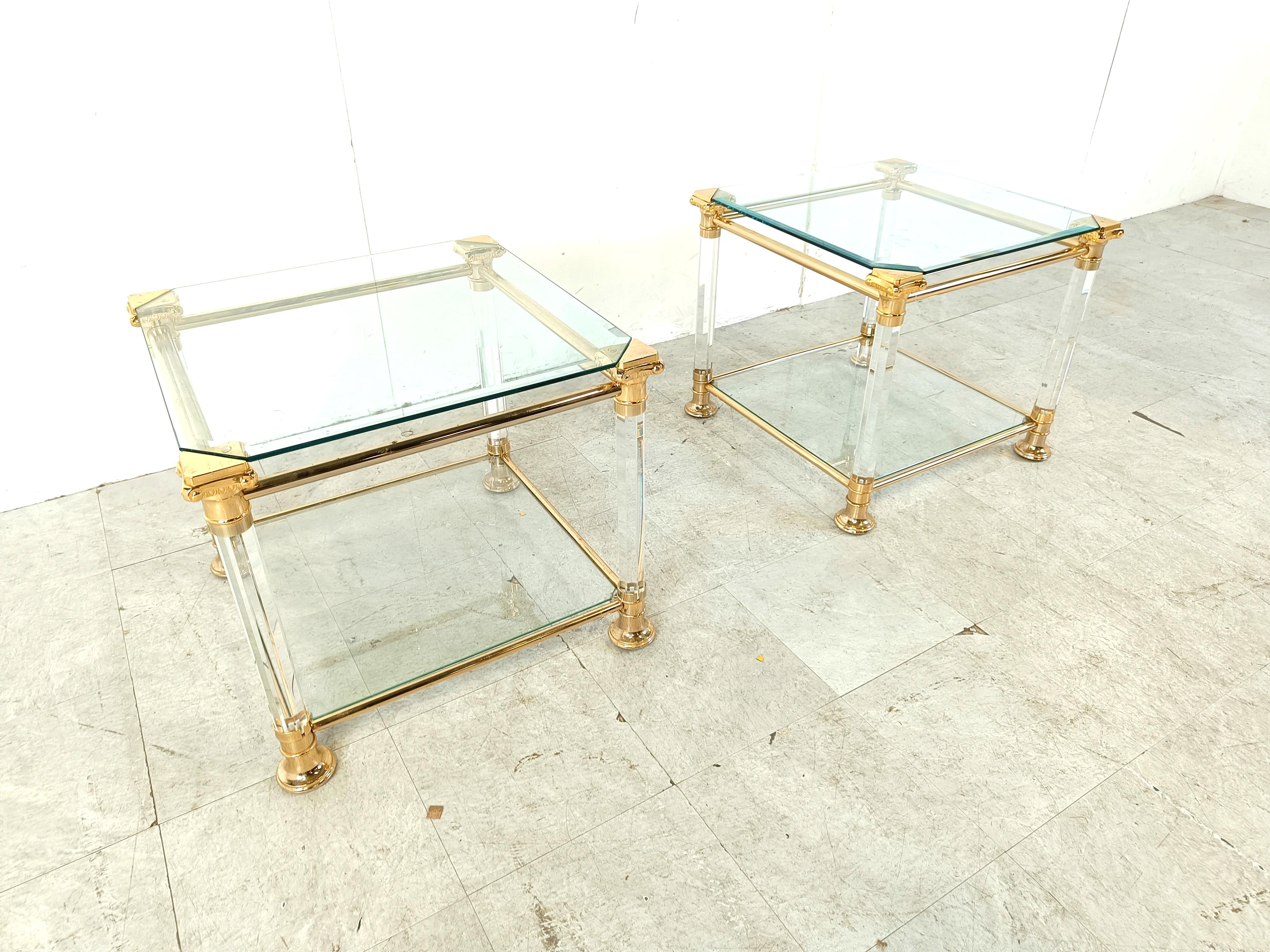 Vintage lucite and brass side tables, 1980s For Sale 1