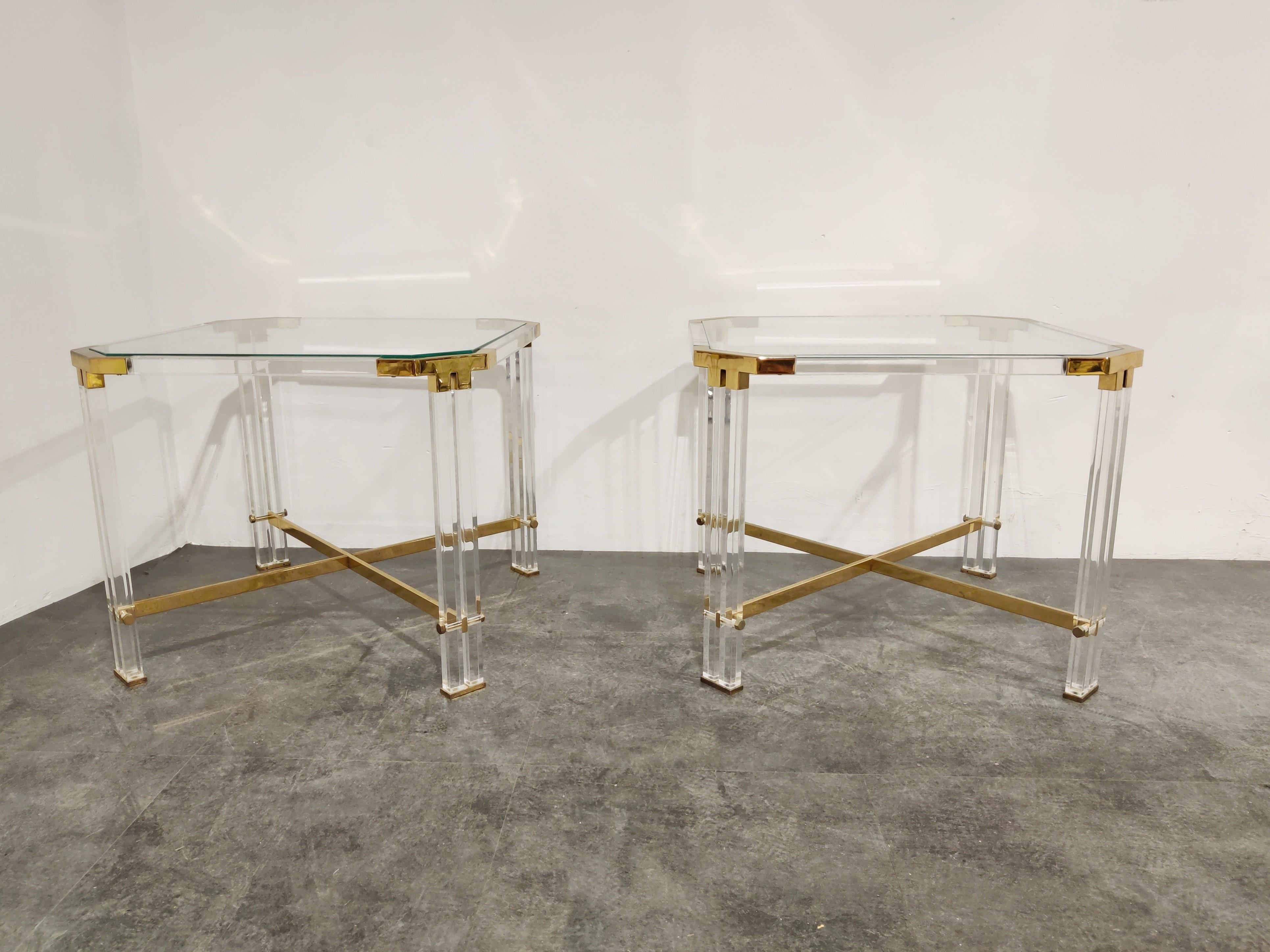 Hollywood Regency Vintage Lucite and Brass Side Tables by Charles Hollis Jones, 1970s