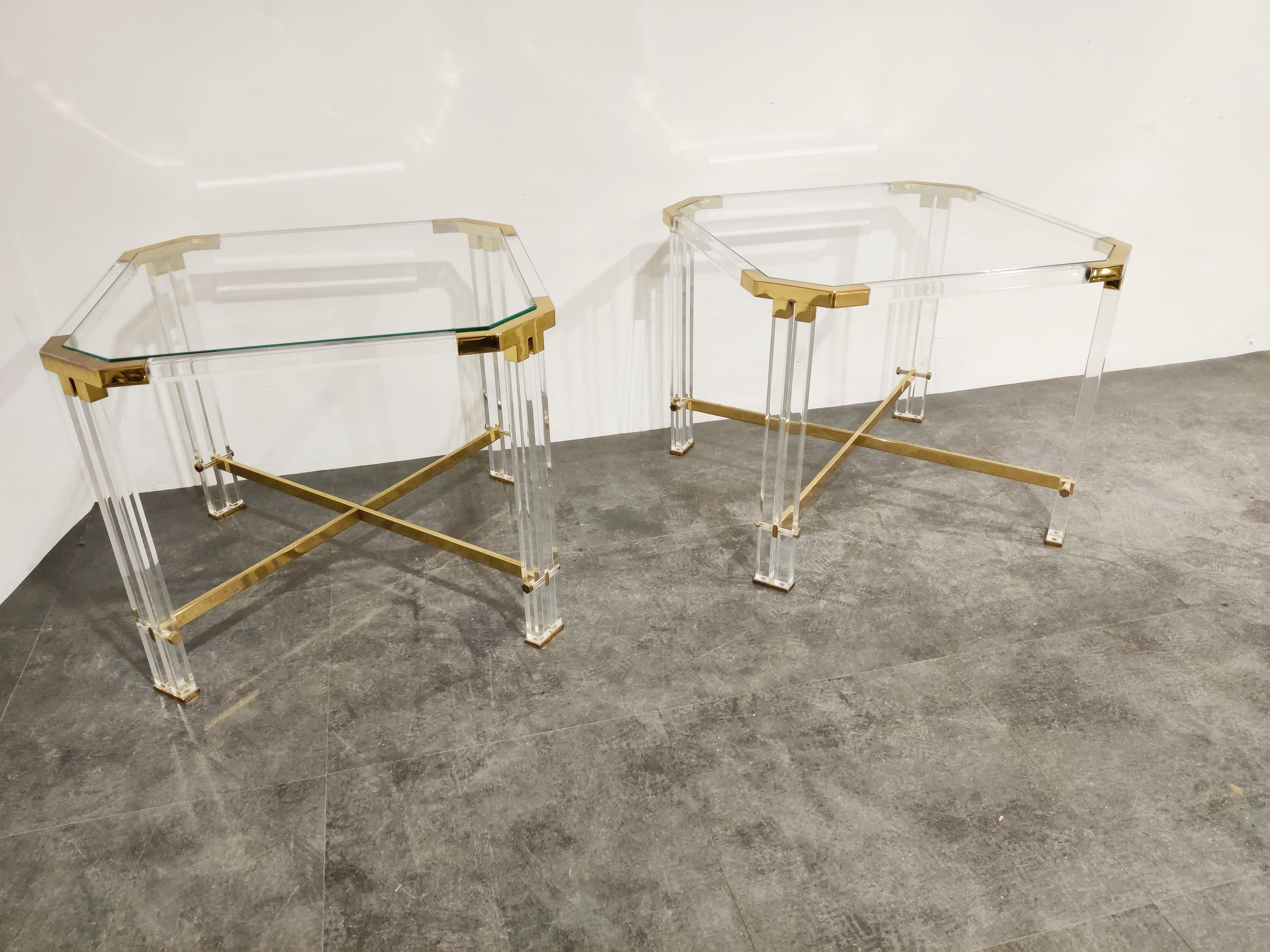Belgian Vintage Lucite and Brass Side Tables by Charles Hollis Jones, 1970s