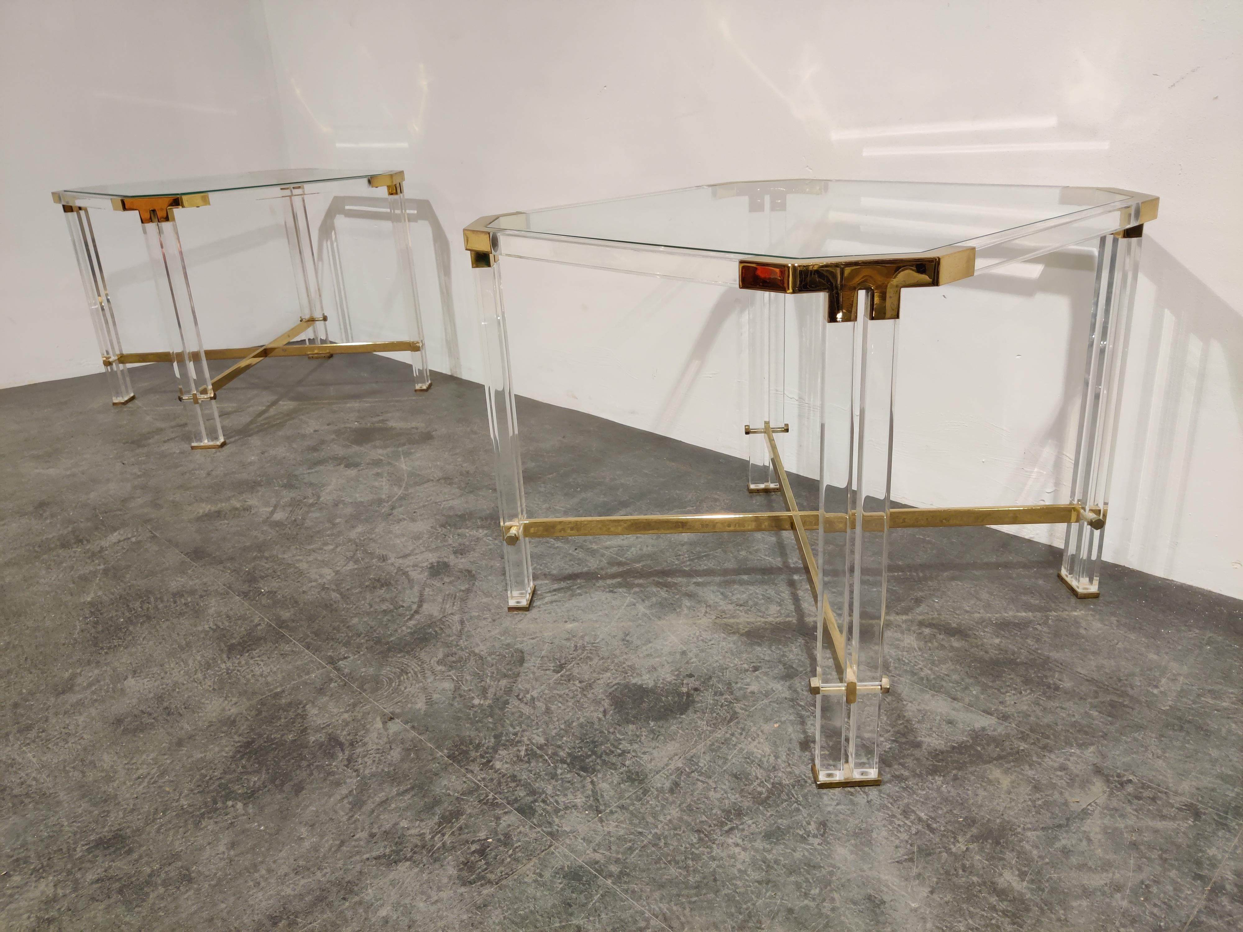 Vintage Lucite and Brass Side Tables by Charles Hollis Jones, 1970s 3