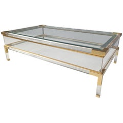 Vintage lucite and brass sliding top coffee table, 1970s