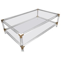 Vintage Lucite and Gilt Brass Metal 2-Tiers Coffee Table, 1970s