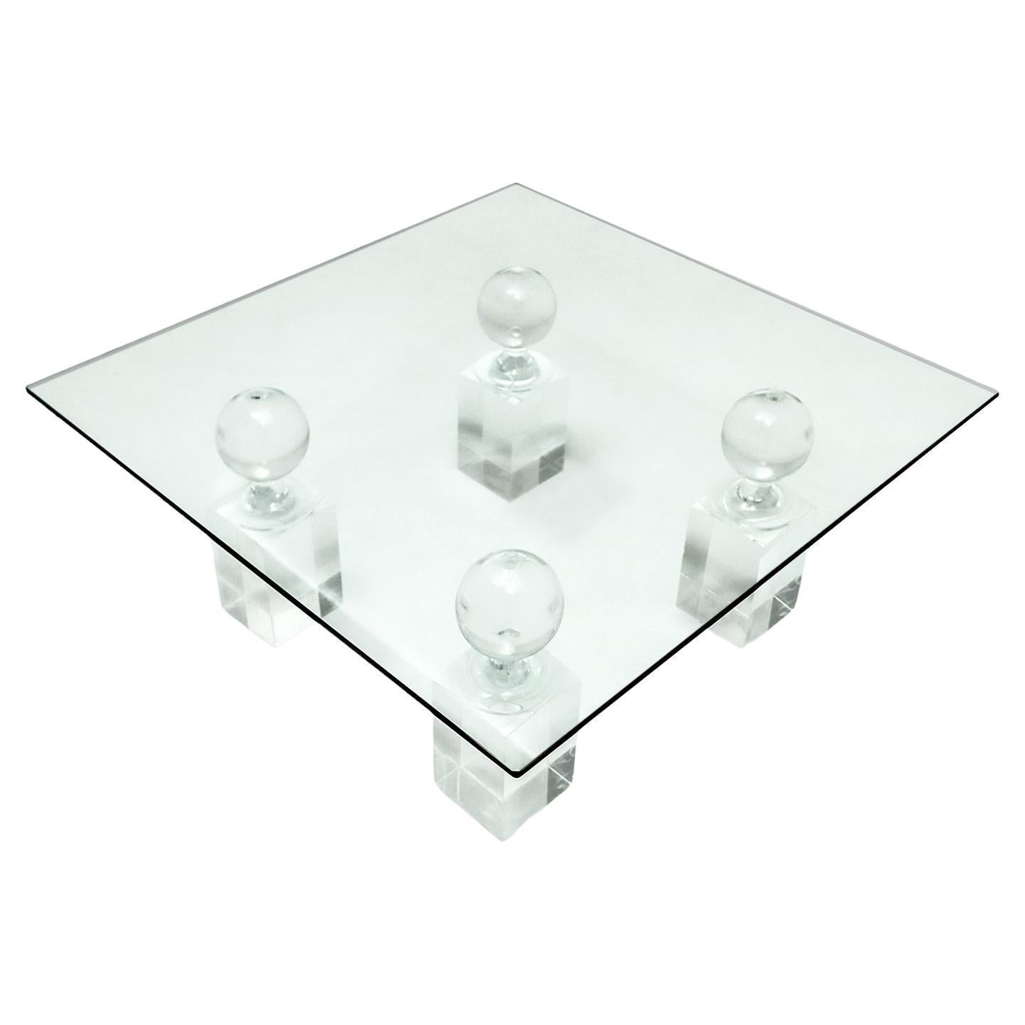 Vintage lucite and glass 4 pillar roulette win marker coffee table, 1970s   For Sale
