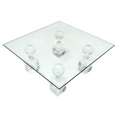 Vintage lucite and glass 4 pillar roulette win marker coffee table, 1970s  
