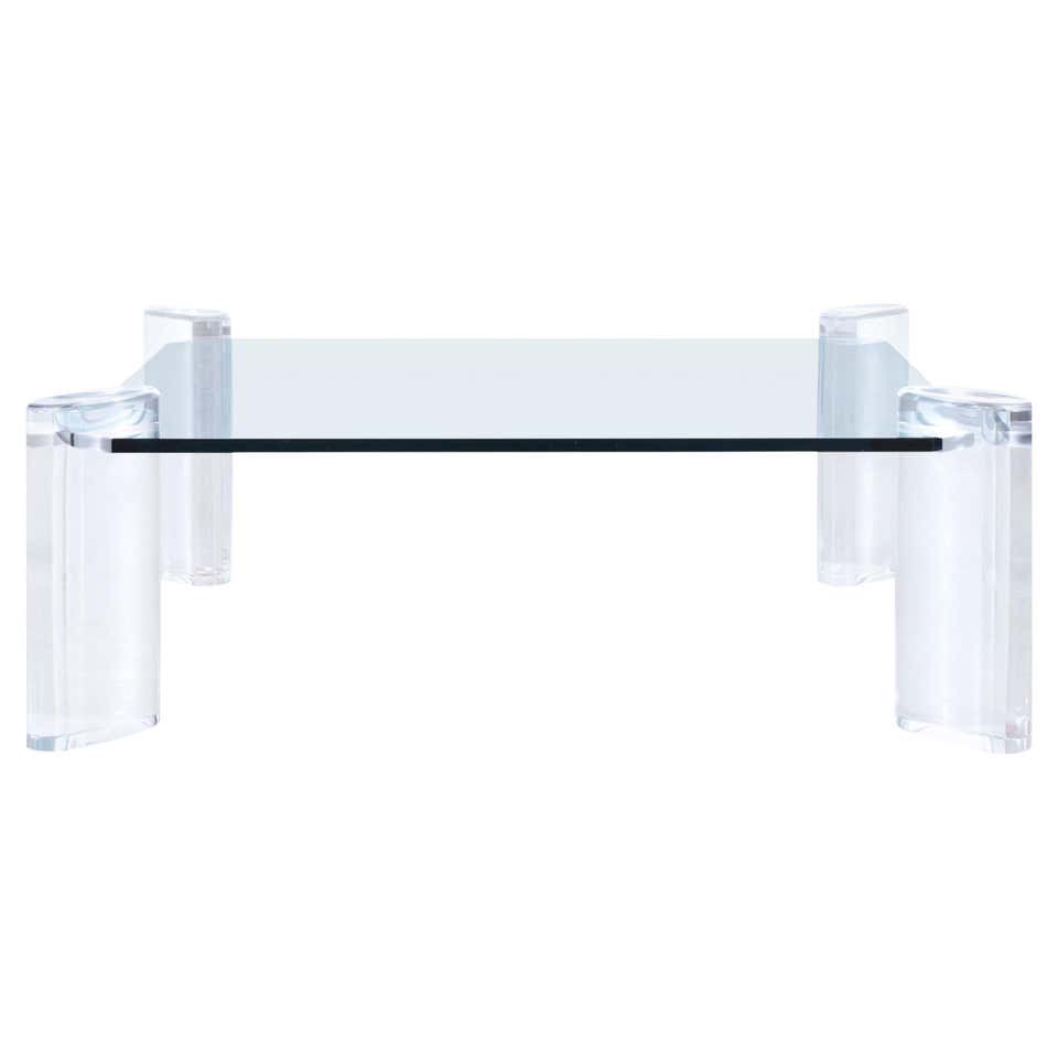 Karl Springer Mid - Century 1980's Lucite and Brass Smoked Glass Coffee Table.