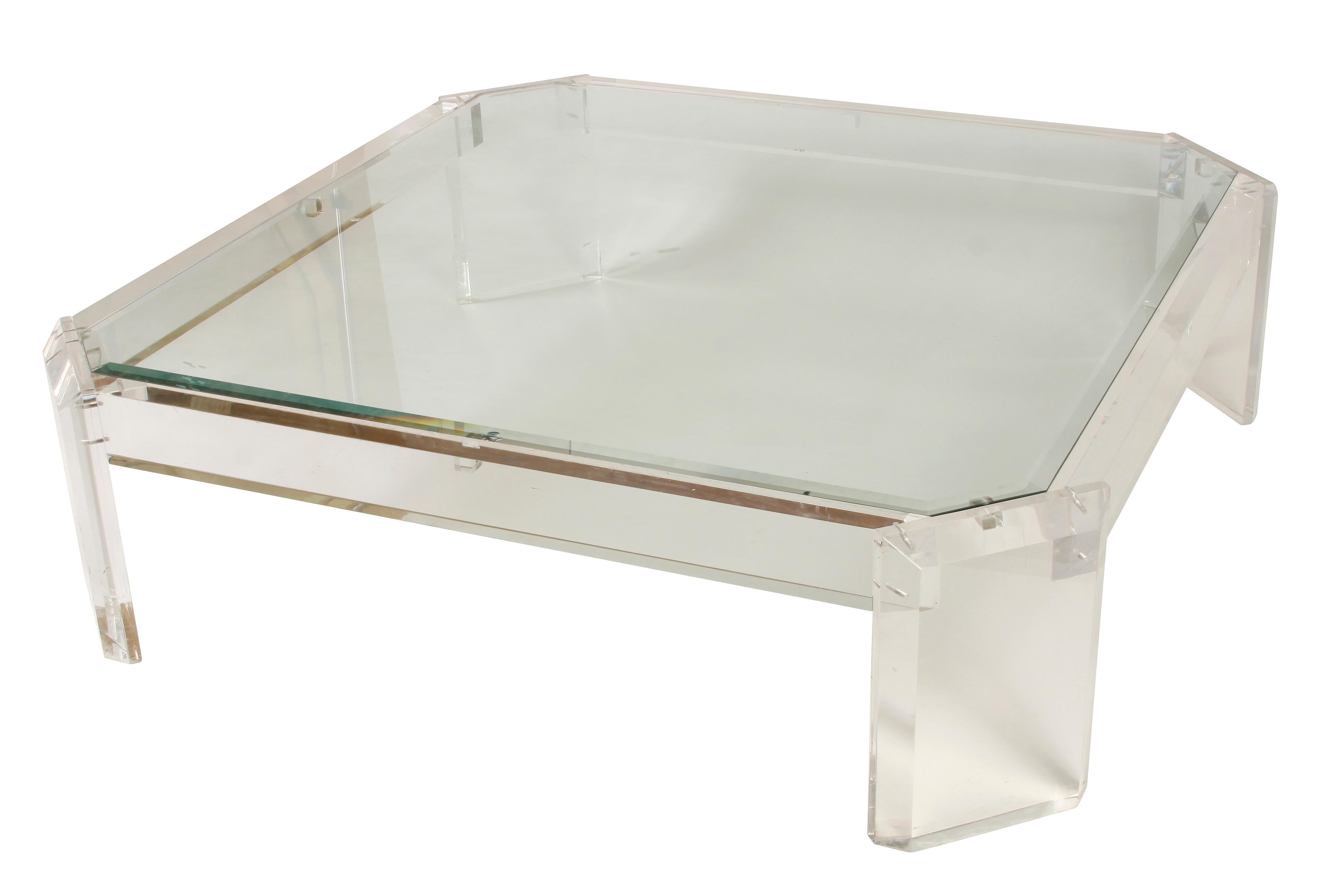 Vintage Lucite frame and beveled glass top, large, square cocktail table with angled corners.