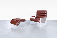 Vintage Lucite and Leather Lounge Chair and Ottoman