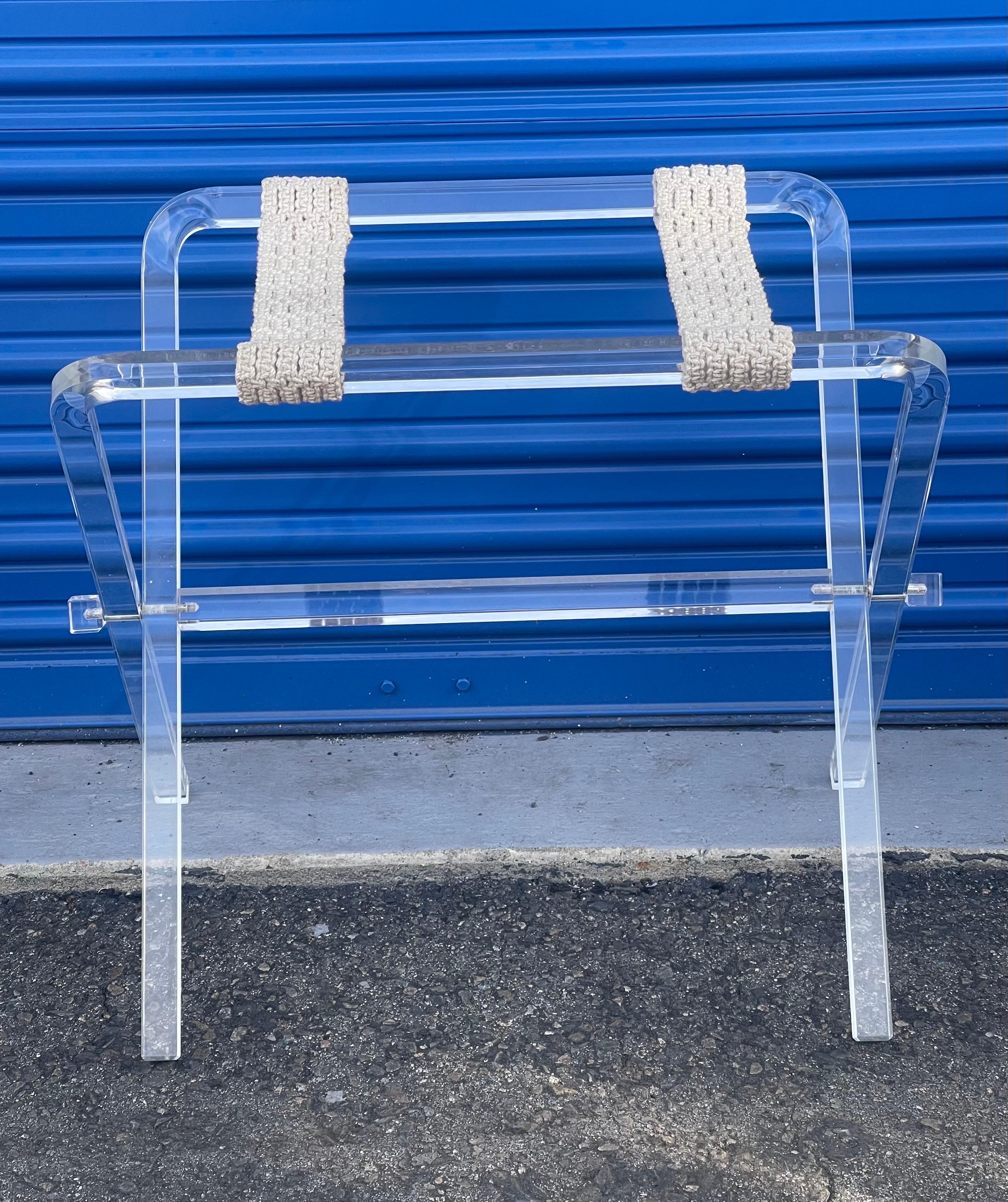 Mid-Century Modern Vintage Lucite and Macrame Luggage Rack by Creations At Dallas For Sale