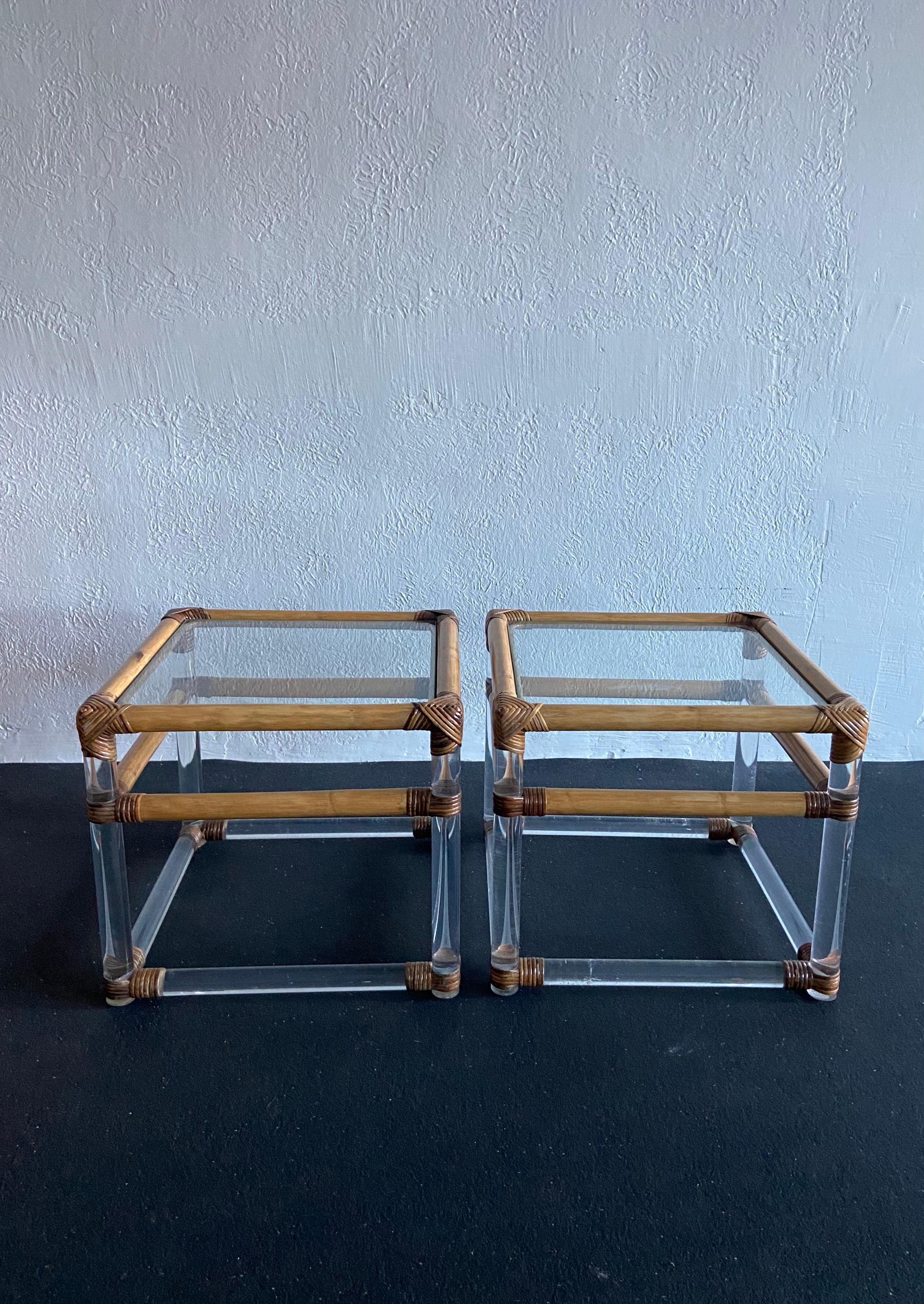 Mid-Century Modern Lucite and Rattan End Tables, a Pair