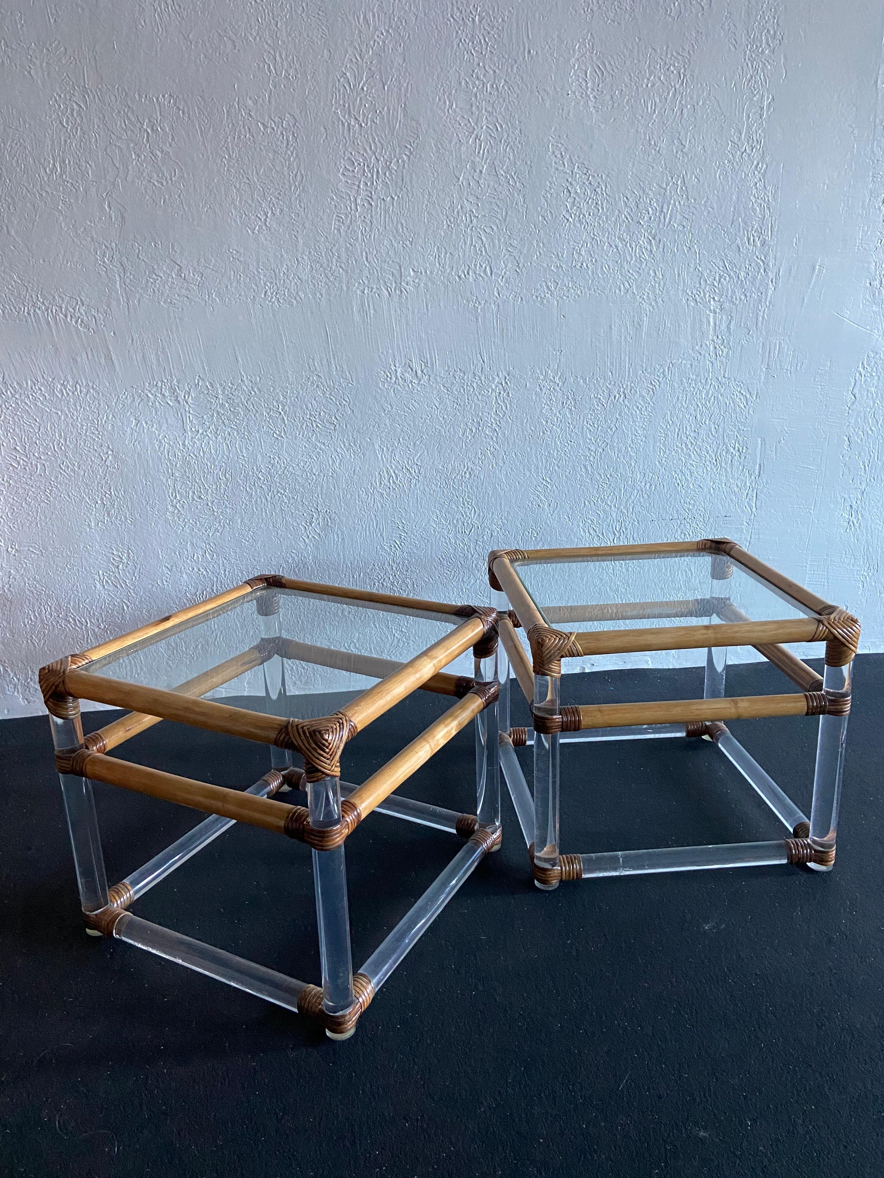 Unknown Lucite and Rattan End Tables, a Pair