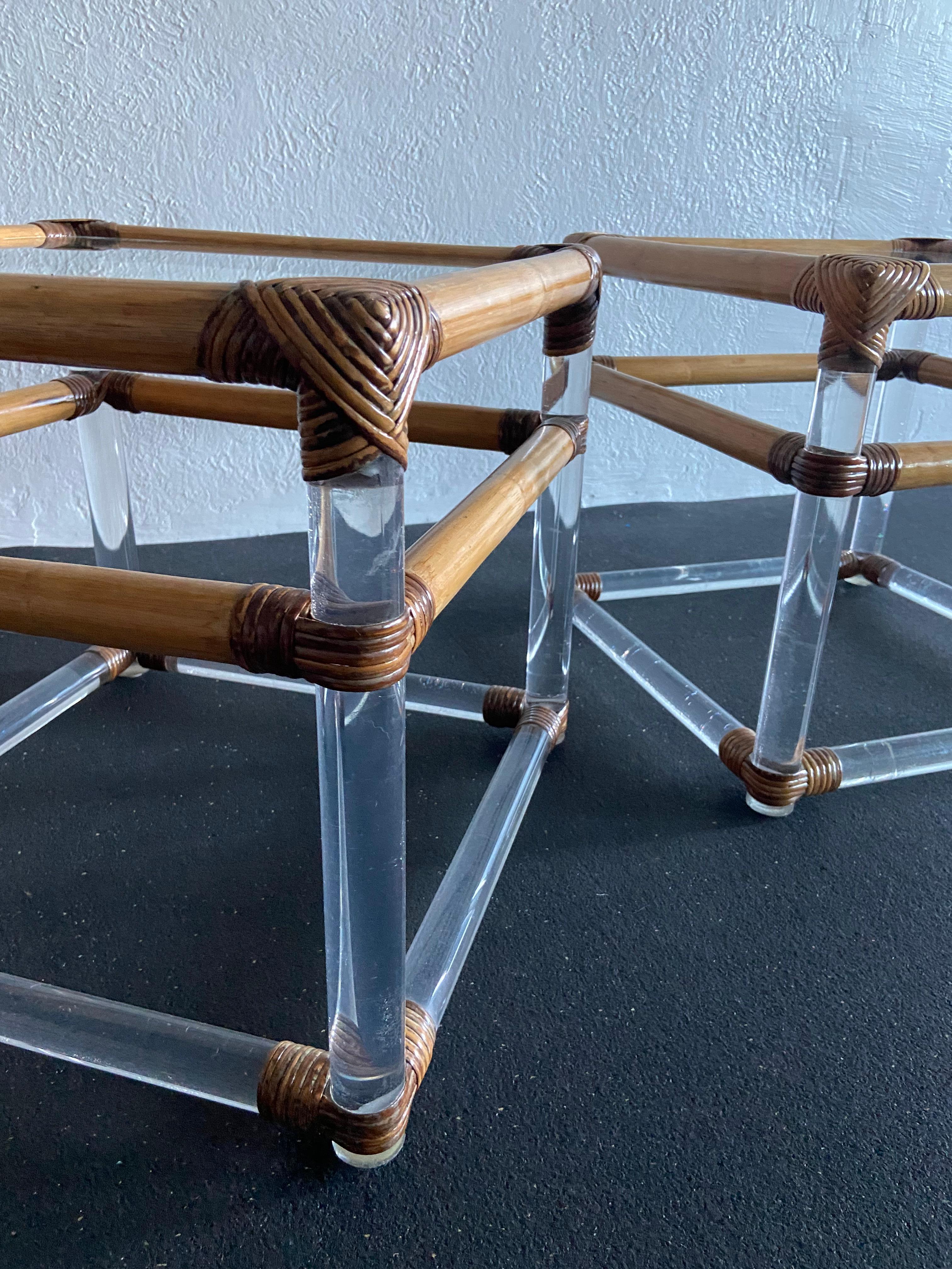 Lucite and Rattan End Tables, a Pair In Good Condition In West Palm Beach, FL