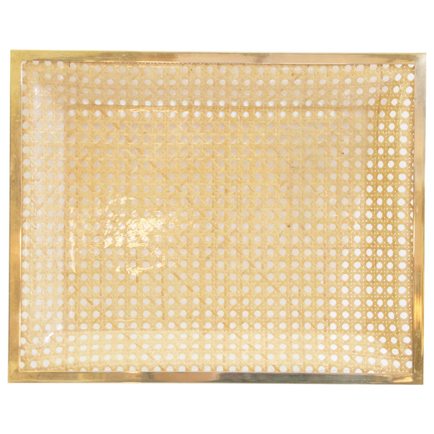 Vintage Lucite and Rattan Square Tray, 1970s