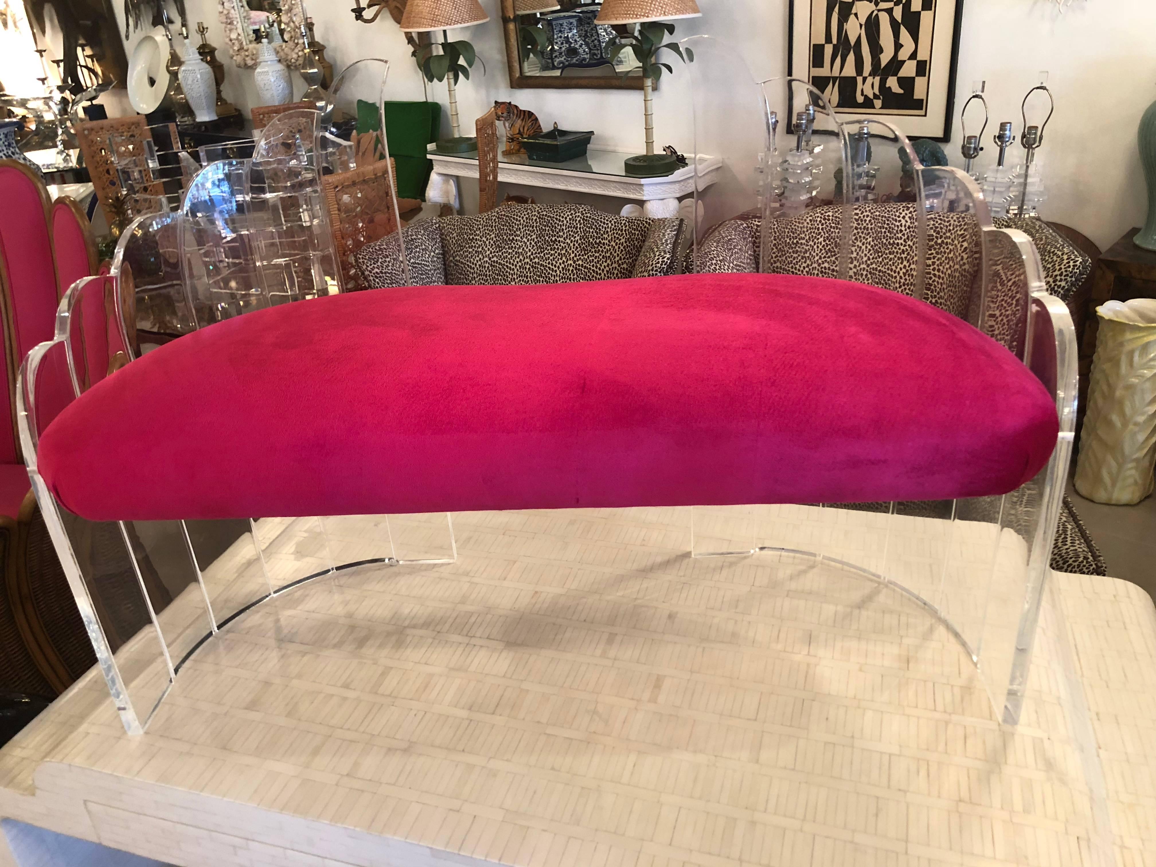 Vintage Lucite Bench Pink Velvet Cushion Hollywood Regency 5