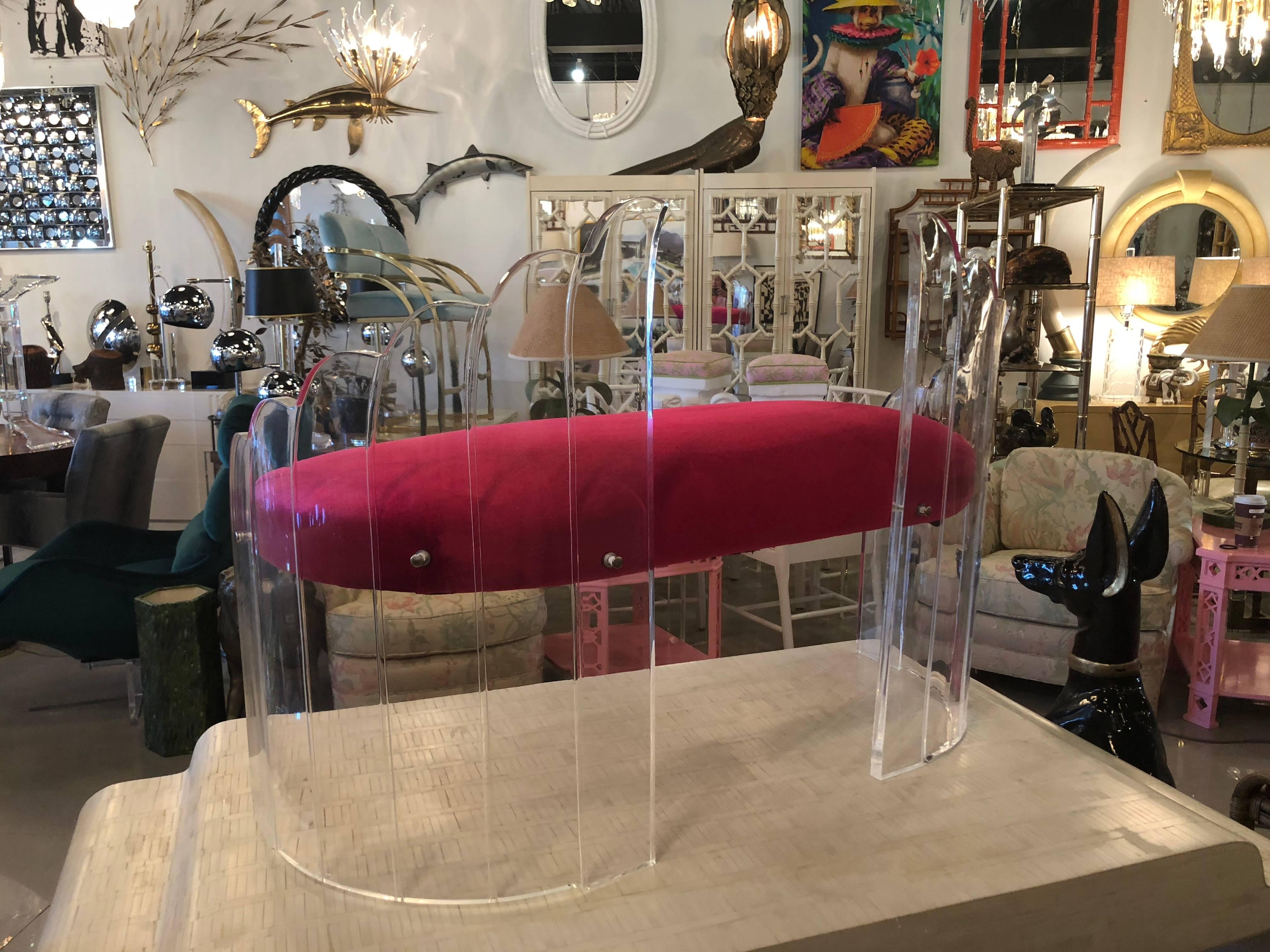 Vintage Lucite Bench Pink Velvet Cushion Hollywood Regency 6