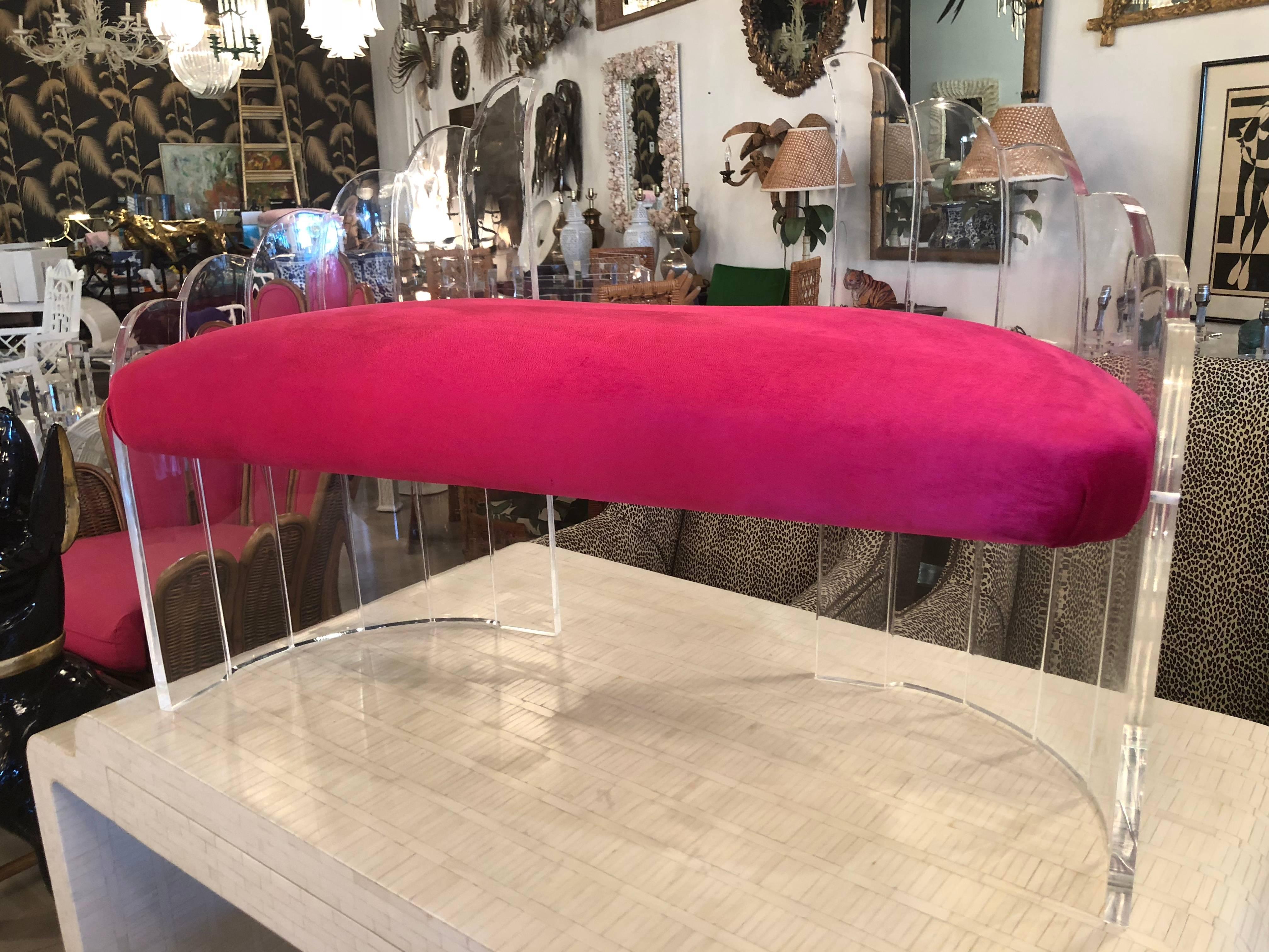Vintage Lucite Bench Pink Velvet Cushion Hollywood Regency 8