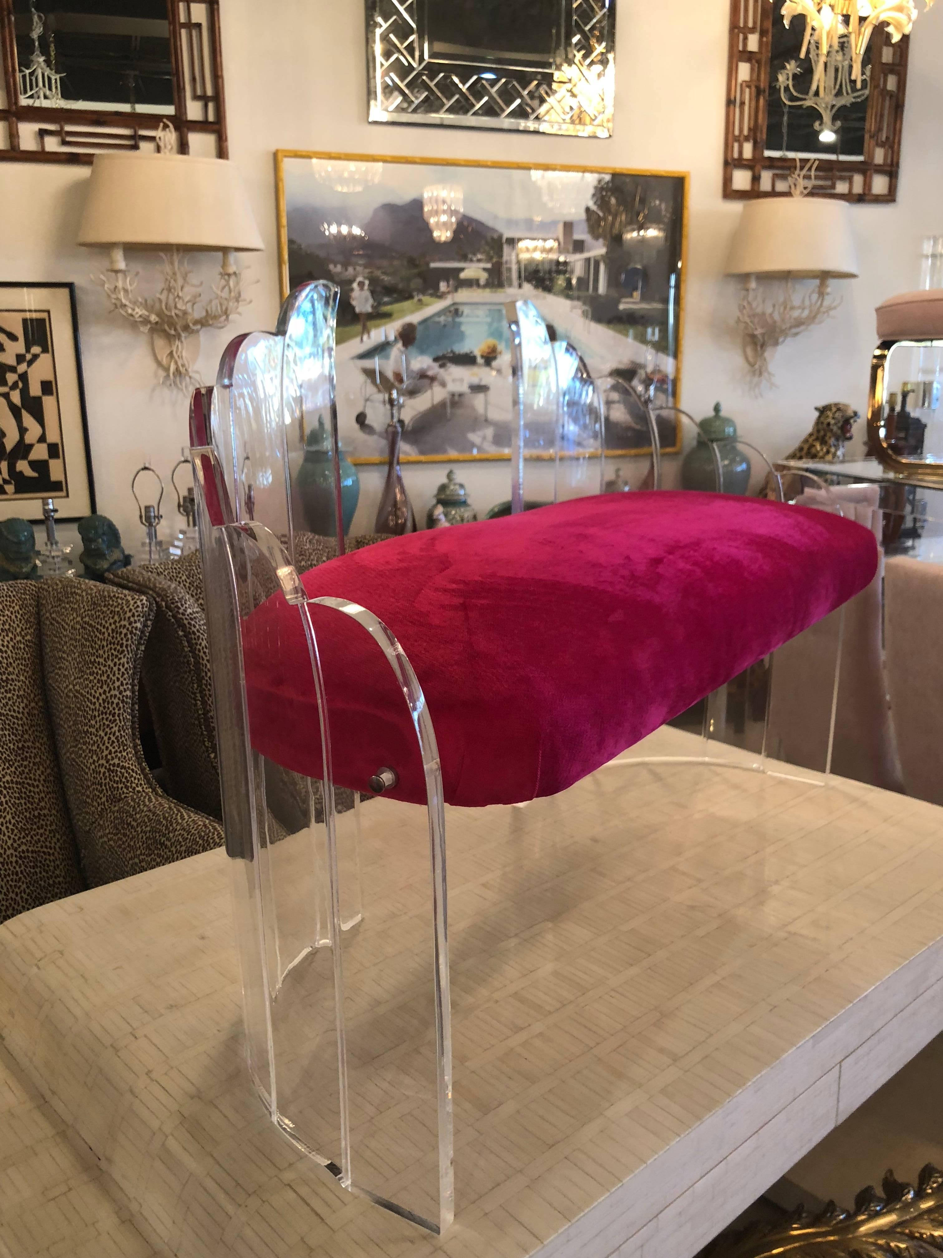 Late 20th Century Vintage Lucite Bench Pink Velvet Cushion Hollywood Regency