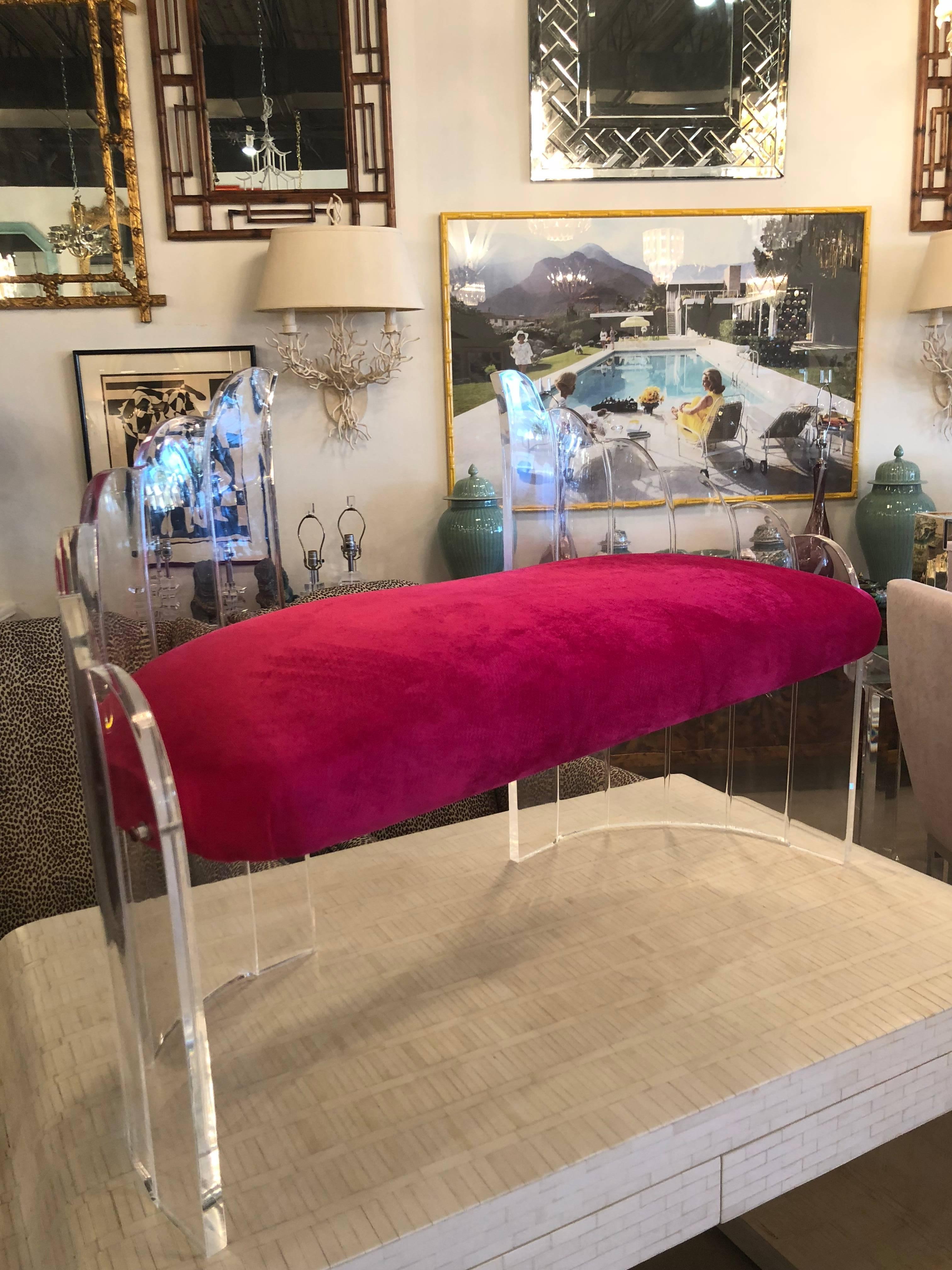 Vintage Lucite Bench Pink Velvet Cushion Hollywood Regency 2