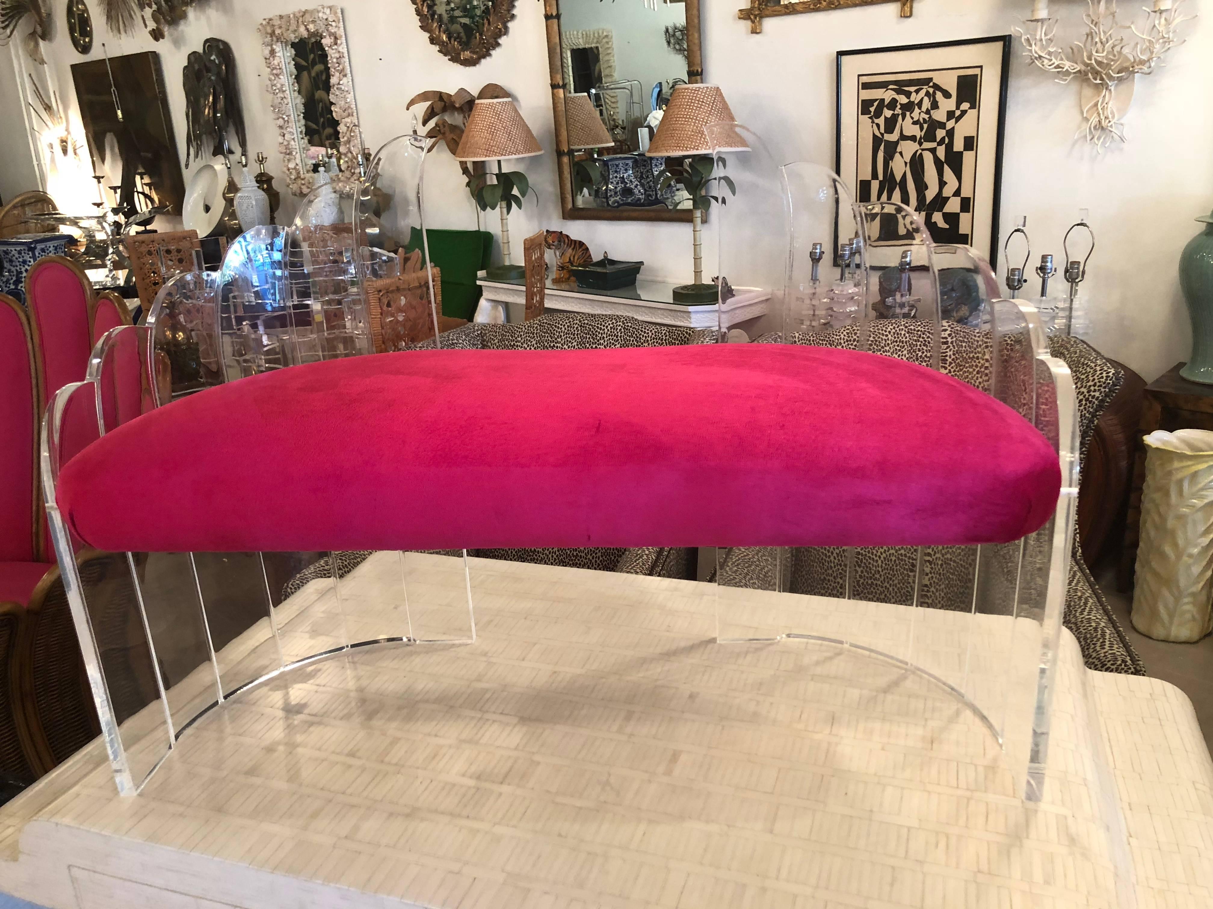 Vintage Lucite Bench Pink Velvet Cushion Hollywood Regency 3
