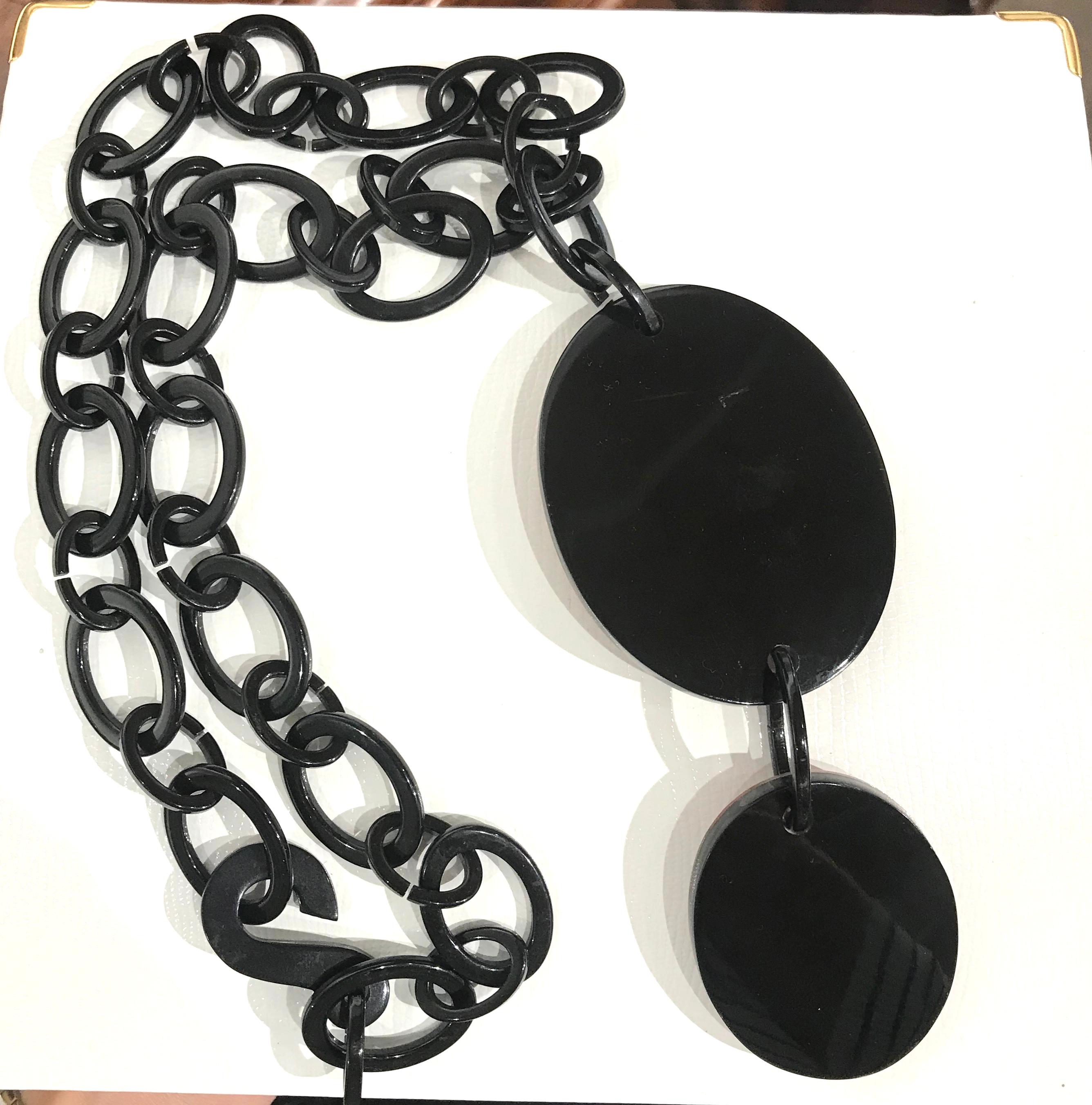 Modernist Vintage Lucite Black Cat Pendants on Black Link Necklace Estate Find For Sale