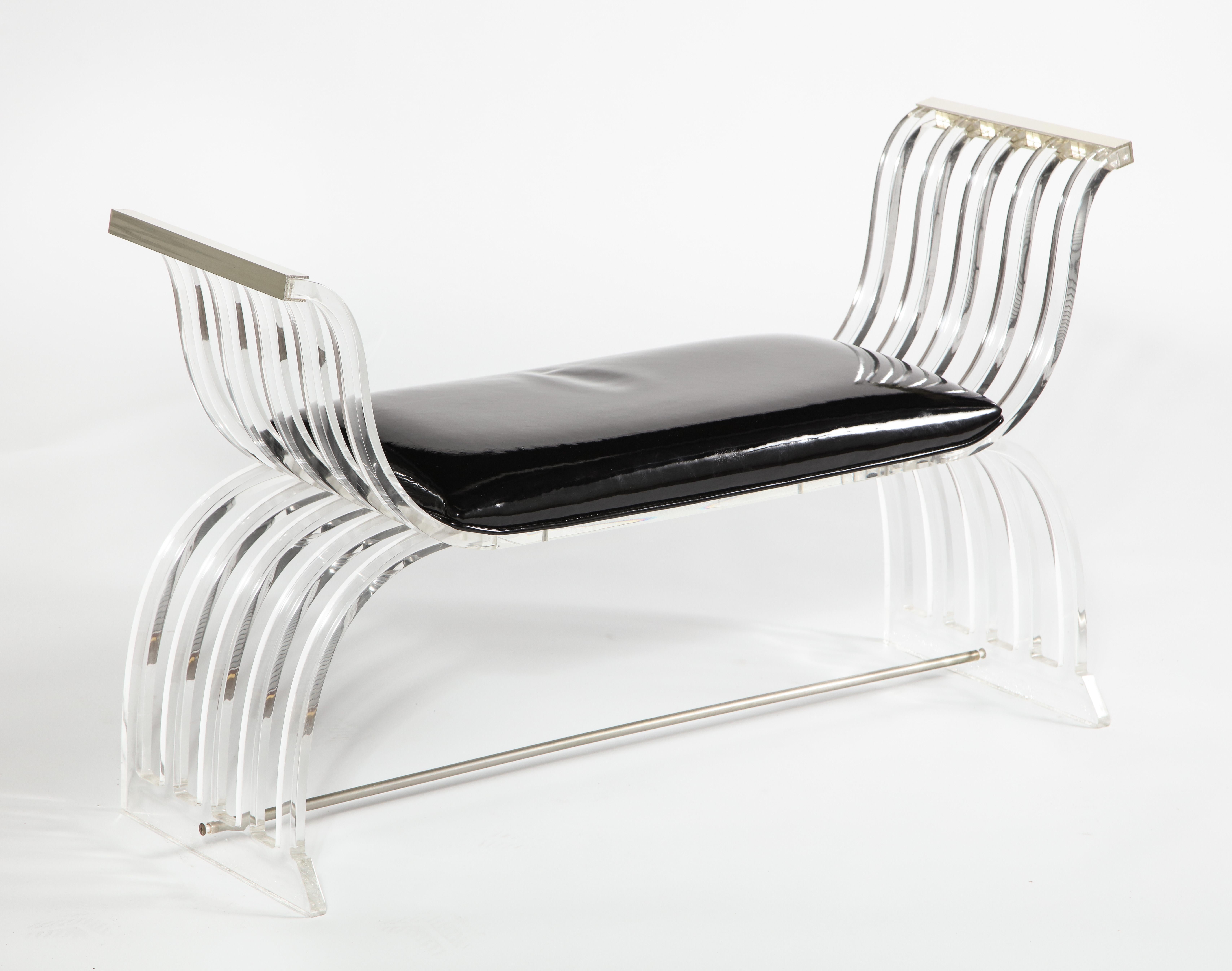 Vintage Lucite and Black Patent Leather Bench In Good Condition For Sale In New York, NY
