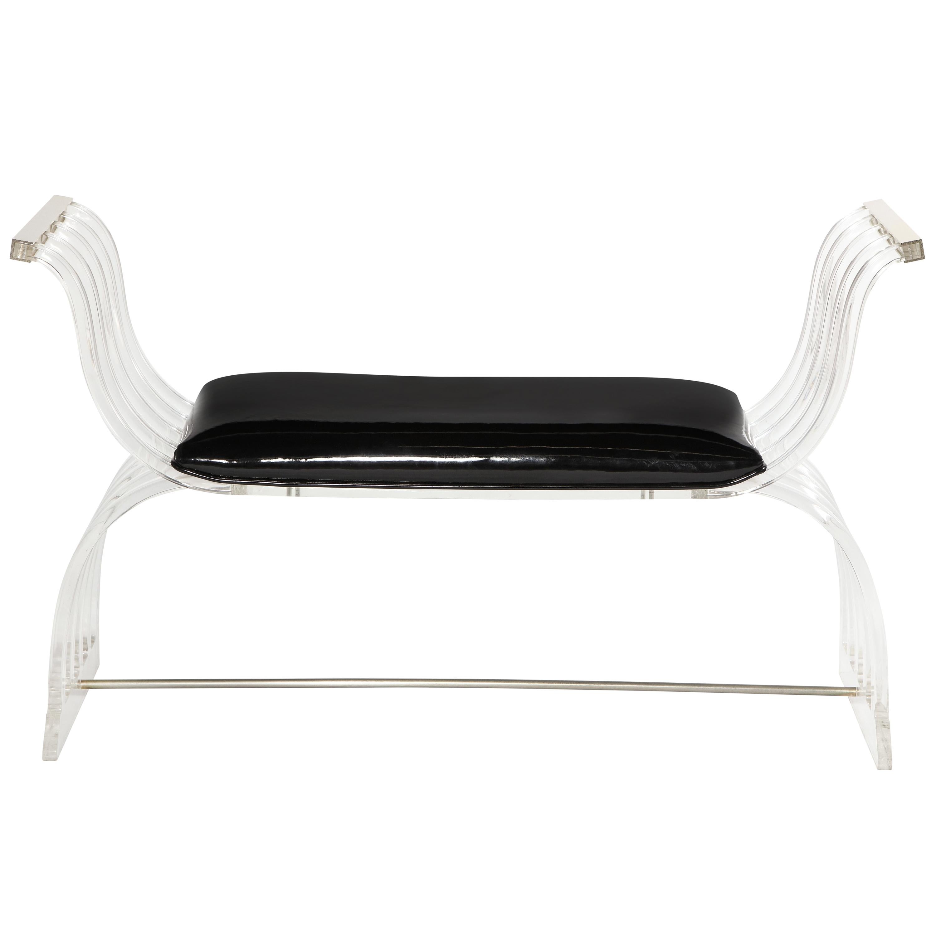 Vintage Lucite and Black Patent Leather Bench For Sale