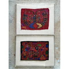 Vintage Lucite Boxed Mola Textile Art - Pair